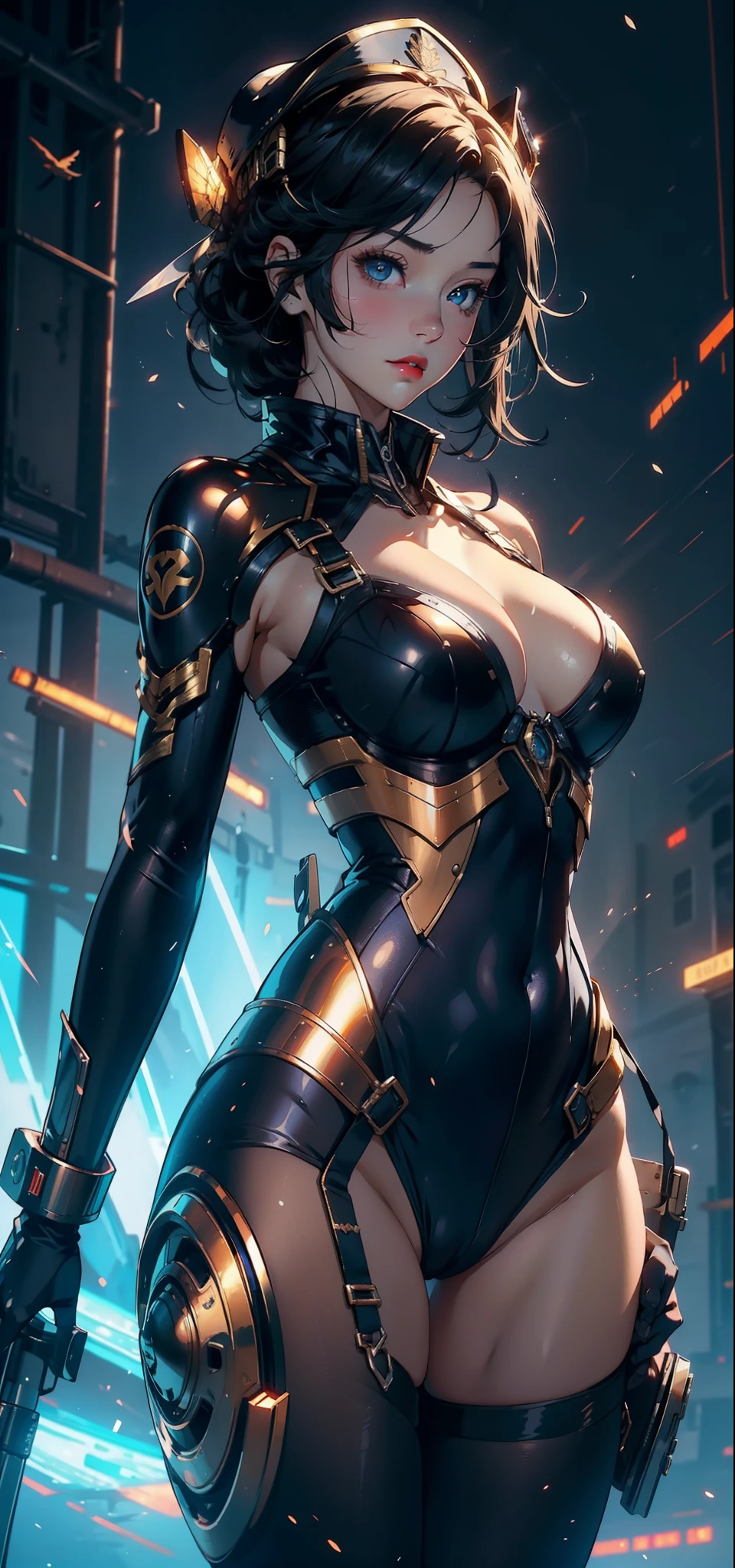 1female，35yo，plumw，extremely large bosom， 独奏，（Background with：Huge machinery，droid，aerodrome，Planes，Huge mechanical armor，） She has very short black hair，bobo head，Stand on the plane，，seen from the front， hair straight， mostly cloudy sky，（（（tmasterpiece），（Very detailed CG unity 8K wallpaper），best qualtiy，cinmatic lighting，detailed back ground，beatiful detailed eyes，Bright pupils，Blue eyes，Snow-whiteskin，Redlip（Very fine and beautiful），（Beautiful and detailed eye description），ultra - detailed，tmasterpiece，））facing at camera，A high resolution，ultra - detailed），revealing breasts，Bare genitalia，  Bulge，legs are open，Raised sexy，Camel toes，Flushed complexion，Desire for dissatisfaction，frontage，British Air Force，Aviator，Officer's cap（Wearing：blazer jacket，tailcoat，White color blouse，a black bowtie，Black pantyhose，Gold wire embroidery，Armour，Bare breasts）cyber punk style