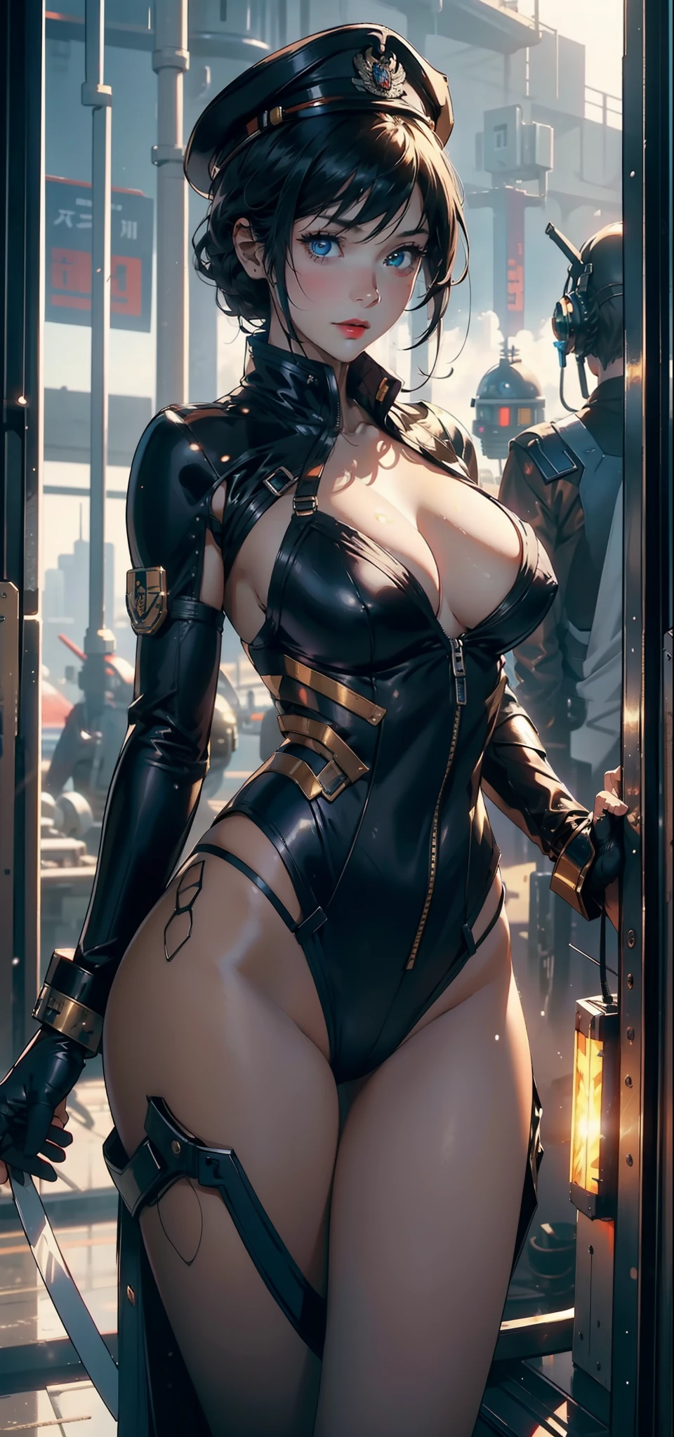 1female,35yo,plumw,extremely large bosom, 独奏,(Background with:Huge machinery,droid,aerodrome,Planes,Huge mechanical armor,) She has very short black hair,bobo head,Stand on the plane,,seen from the front, hair straight, mostly cloudy sky,(((tmasterpiece),(Very detailed CG unity 8K wallpaper),best qualtiy,cinmatic lighting,detailed back ground,beatiful detailed eyes,Bright pupils,Blue eyes,Snow-whiteskin,Redlip(Very fine and beautiful),(Beautiful and detailed eye description),ultra - detailed,tmasterpiece,))facing at camera,A high resolution,ultra - detailed),revealing breasts,Bare genitalia, Bulge,legs are open,Raised sexy,Camel toes,Flushed complexion,Desire for dissatisfaction,frontage,British Air Force,Aviator,Officer's cap(Wearing:blazer jacket,tailcoat,White color blouse,a black bowtie,Black pantyhose,Gold wire embroidery,Armour,Bare breasts)cyber punk style