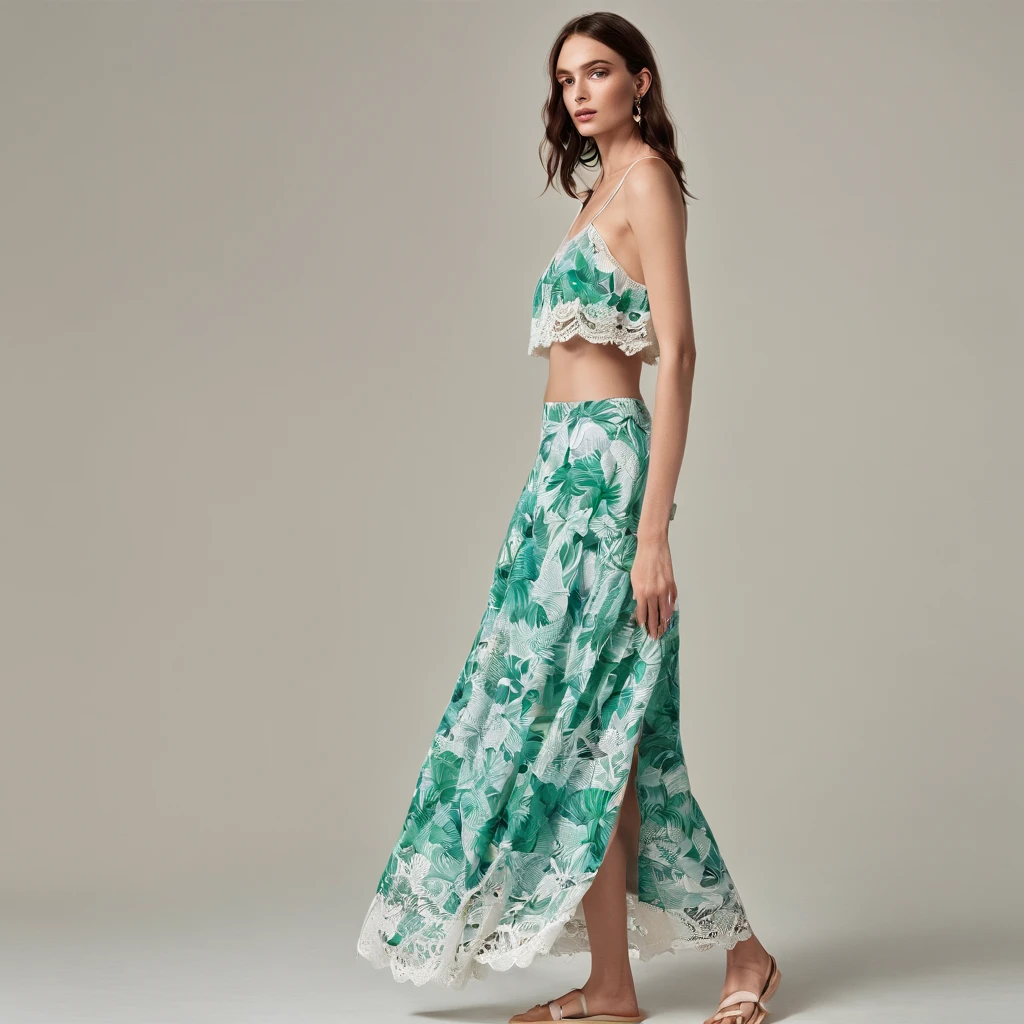 fashion edition,(master part, Realistic, photo-realistic:1.1), fotografia glamorosa premiada, ((melhor qualidade)), ((obra-prima)), ((realista)) interno, Pose in the studio, mulher, modelo, studio, Summer clothes consist of a long skirt and a top. The skirt is fluid, em um tom suave de coral, com estampas tropicais em verde e azul. The top is a white lace cropped, with thin handles and delicate details. The model complements the look with flat sandals and shell earrings.