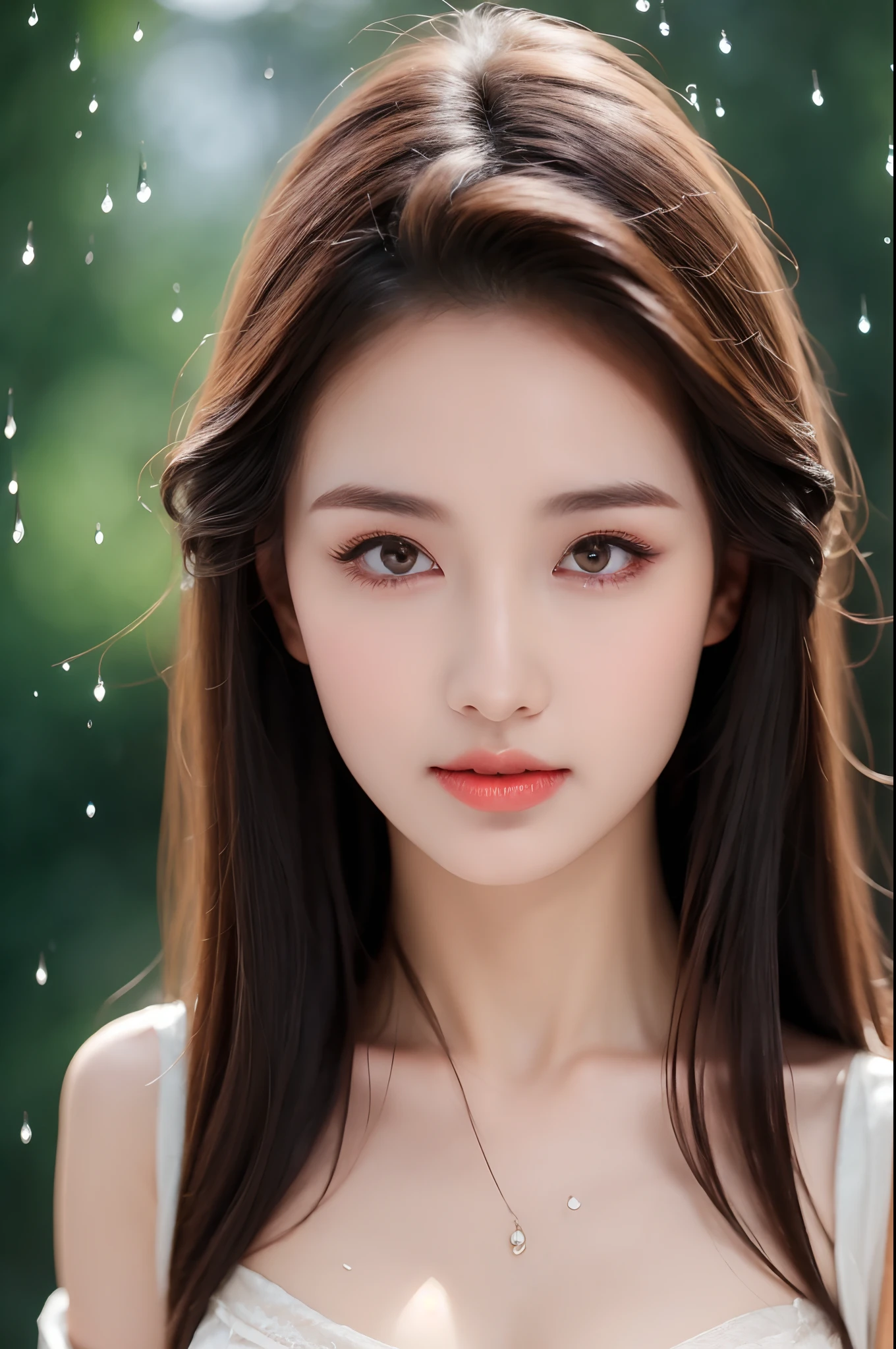 ((Best Quality, 8k, Masterpiece: 1.3)), Focus: 1.2, Perfect Body Beauty: 1.4, Buttocks: 1.2, ((Layered Haircut)), (Wet Clothes: 1.1), (Rain, Street:1.3), (Breasts: 1.2), (Hanfu: 1.2), Bare Shoulders, Bare Legs, Highly Detailed Face and Skin Texture, Fine Eyes, Double Eyelids, Whitened Skin, Long Hair, (Shut Up: 1.5), (Bokeh Background: 1.5), Big Breasts