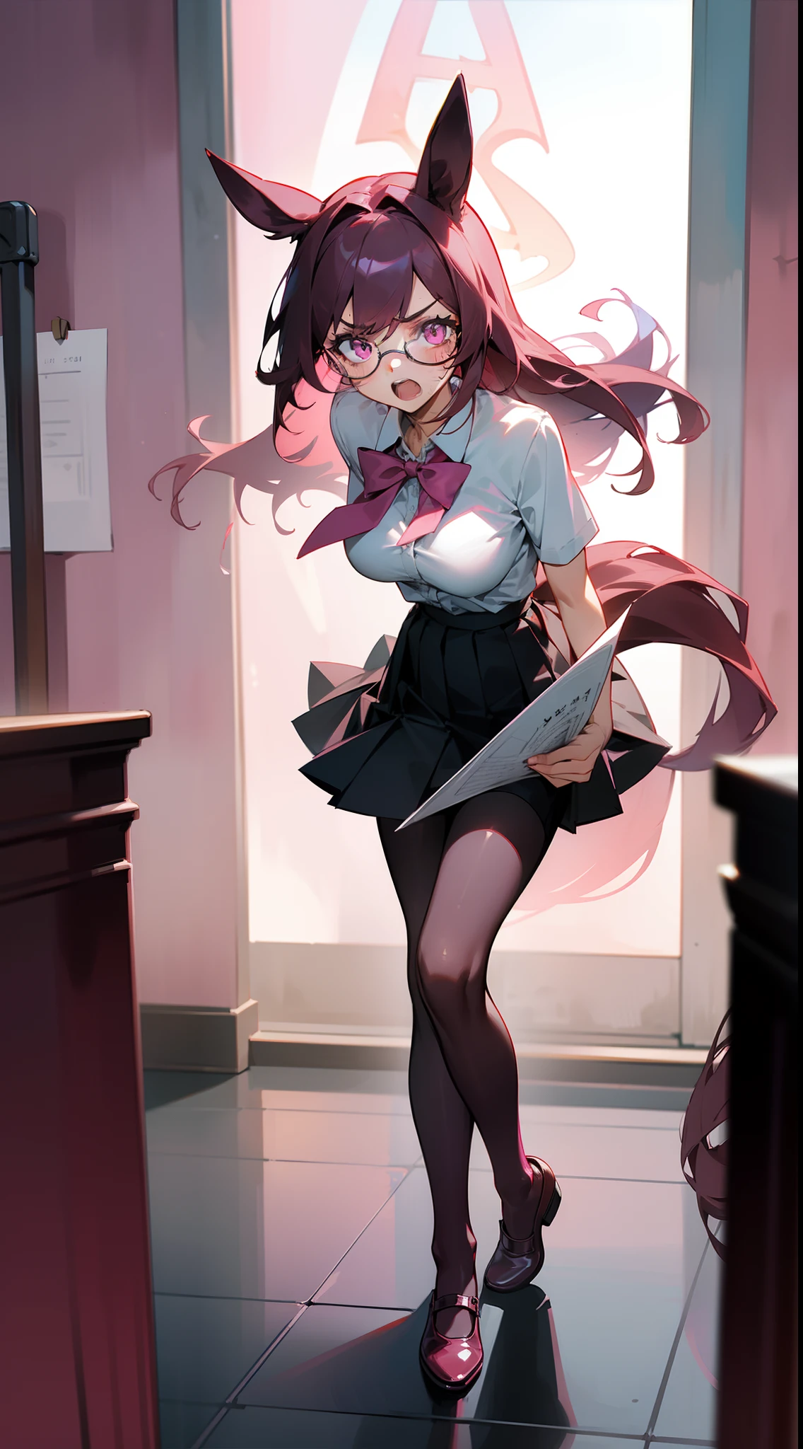 1girl,20s,solo,angry face,white school shirt,((black scholl skirt)),medium tits,((dark pink hair)),long hair,pink eyes,horse ears,horse tail,holding paper,leaning forward,open mouth,glasses,pantyhose,(((standing in front of a room in night)))