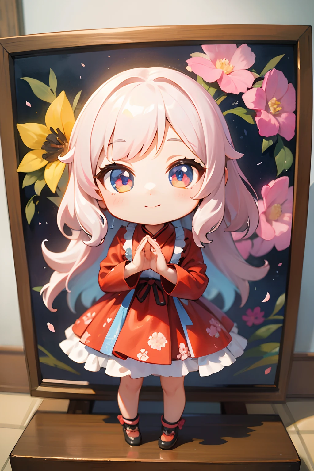photoRealstic、Doll standing in front of the painting(nendroid)、A smile、Water droplets on the cheeks、In a cute pose、watercolor Nendoroid、(High Definition Figure)、Flowing iridescent silk、up of face、Eye Up、Colorcon with heart pattern、Floral dress、Making a heart with both hands、There are also flowers in front of the nendroids、flower petals、season!!: 夏天☀ 🍂