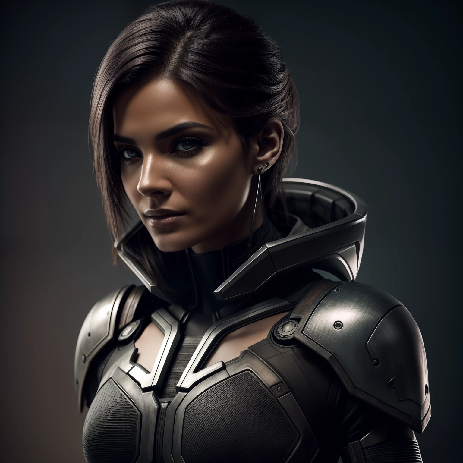 Beautiful cyborg warrior woman in rusty magic style, aumento cyberpunk, Cyber Software, ciborgue, fibras de carbono, cromar, Implantes, metal skull, Cyber Plate Armadura, (atmosfera escura:1.2), (nevoeiro & smoke billowing), (It's dark night:1.3), As cicatrizes, (medium length shaggy dark hair:1.1), (sombras para os olhos:1.1), (brilho lindamente detalhado:1.2), (Cinematic lighting), detalhes intrincados, A high resolution, olhos arredondados, detailed facial features, foco nítido, liso, aesthetic, Fundo escuro detalhado da planta industrial, pose estilosa, dynamicposes, (dramapaint)