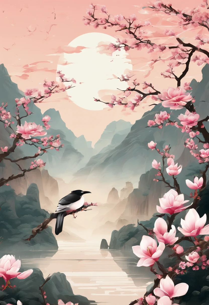 equinox，Traditional Chinese solar terms，(((Magnolia flowers)))，National style，Ink wind，solid color backdrop，Two(((golondrinas)))In the fly，Landscape view，Don't be characterized，Don't be characterized,Don't build