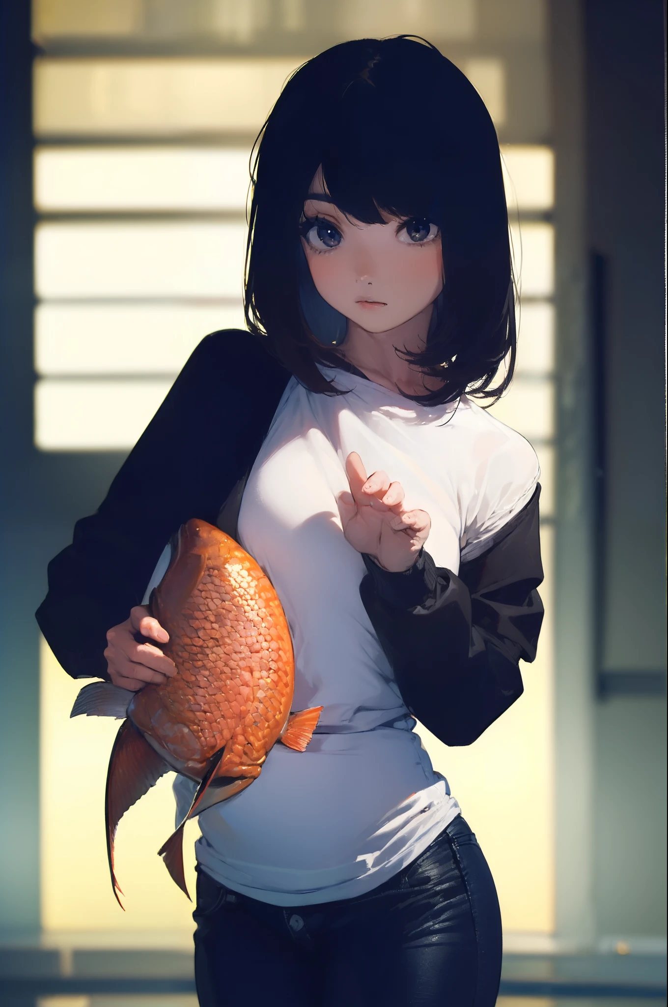 ((((catching a big fish:1.5)))),((Female 28 years old)),((Best Quality:1.5)),(((Hands with the correct number and structure of fingers:1.4))),((lakeside:1.37)),hight resolution,ultra-detailliert,masterpiece,best qualtiy,(Eight-headed body),Black hair, long eyeslashes, Solid Circle Eyes, drop shadow, Atmospheric perspective,Super Detail, ccurate, small brest,(Black jacket and black jeans :1.1),top-quality, blurry backround, bokeh dof:1.2, (masterpiece:1.3), Atmospheric perspective,Super Detail,dynamic compositions,Superb, Ultra High Quality,