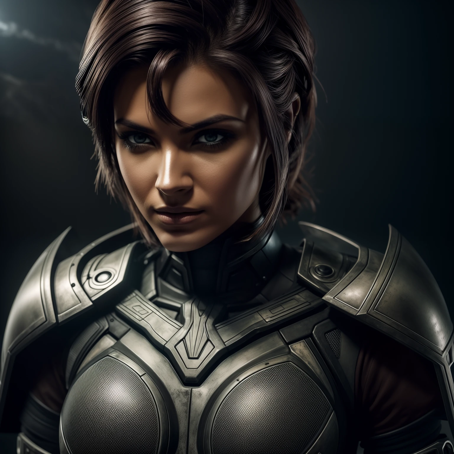 Beautiful cyborg warrior woman in rusty magic style, aumento cyberpunk, Cyber Software, ciborgue, fibras de carbono, cromar, Implantes, metal skull, Cyber Plate Armadura, (atmosfera escura:1.2), (nevoeiro & smoke billowing), (It's dark night:1.3), As cicatrizes, (medium length shaggy dark hair:1.1), (sombras para os olhos:1.1), (brilho lindamente detalhado:1.2), (Cinematic lighting), detalhes intrincados, A high resolution, olhos arredondados, detailed facial features, foco nítido, liso, aesthetic, Fundo escuro detalhado da planta industrial, pose estilosa, dynamicposes, (dramapaint)