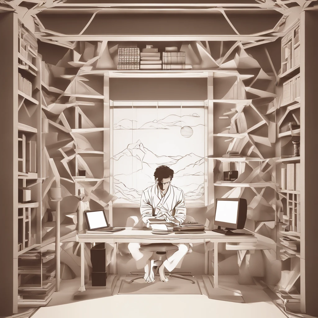 um jovem homem, sentado em frente ao seu computador em seu quarto, tela do computador mostrando uma obra de arte, obra prima , extremamente detalhado 8k