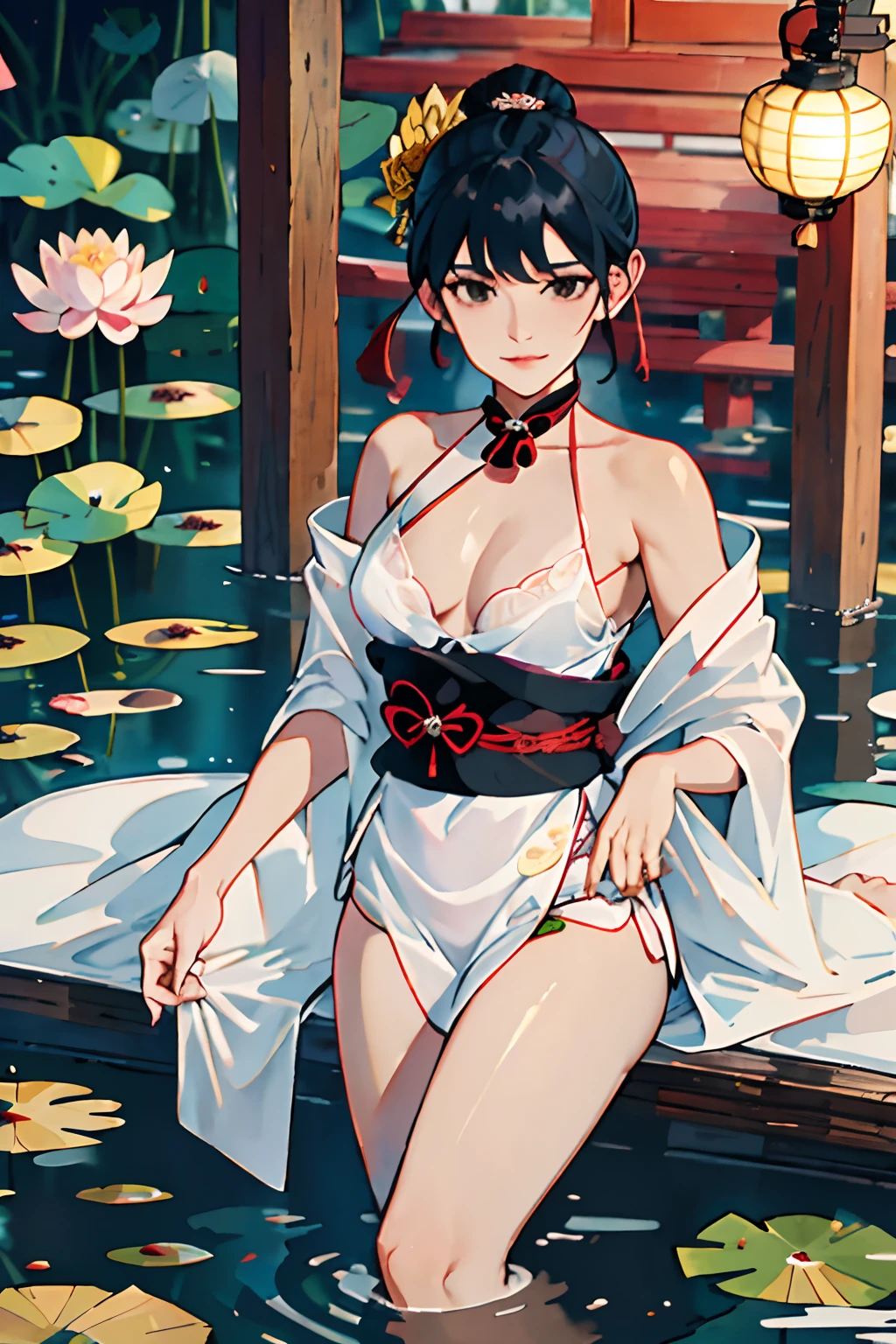 An ancient Chinese beauty sitting on a stone, wearing ancient Chinese clothing, flowing tulle, light silk, lazy posture, large lotus leaf, lotus, ink painting style, clean color, decisive cutting, blank, freehand, masterpiece, super detailed, epic composition, high quality, the highest quality, 4k --v 6