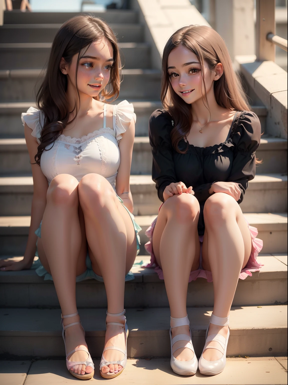 cute young woman Two people talking sit on stairs Skirt underwear Clothes are sheer Cute underwear pattern ruffles a smile Gymnastics sitting Looking at each other Gymnastics sitting Clothes are sheer Bend your legs