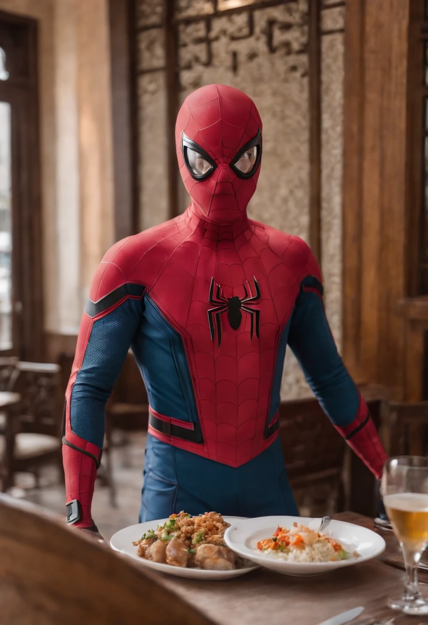 Cinematographer, ultra realista, Ropa detallada, Bellamente detallado, UHD, HDR, Altas Resoluciones, ultra detallado, Detalles intrincados, Efectos texturales, absurdos, obra maestra, 8k:1.2. En esta imagen, vemos a Spider-Man en un inusual descanso de sus actividades heroicas. He's standing in a chic Asian restaurant in his iconic full suit, including your mask, que cubre su rostro por completo. Despite the mask, An expression of joy is perceived in his eyes through the white glasses.
Spider-Man sostiene un plato de arroz chino frito en sus manos con destreza, usando unos elegantes palillos chinos para llevar un bocado a su boca. The plate is full of fried rice, salteado. The restaurant is decorated with traditional Chinese elements, como linternas rojas colgando del techo y dragones dorados esculpidos en las paredes. The dim light of the lanterns creates a warm and welcoming atmosphere in the place.