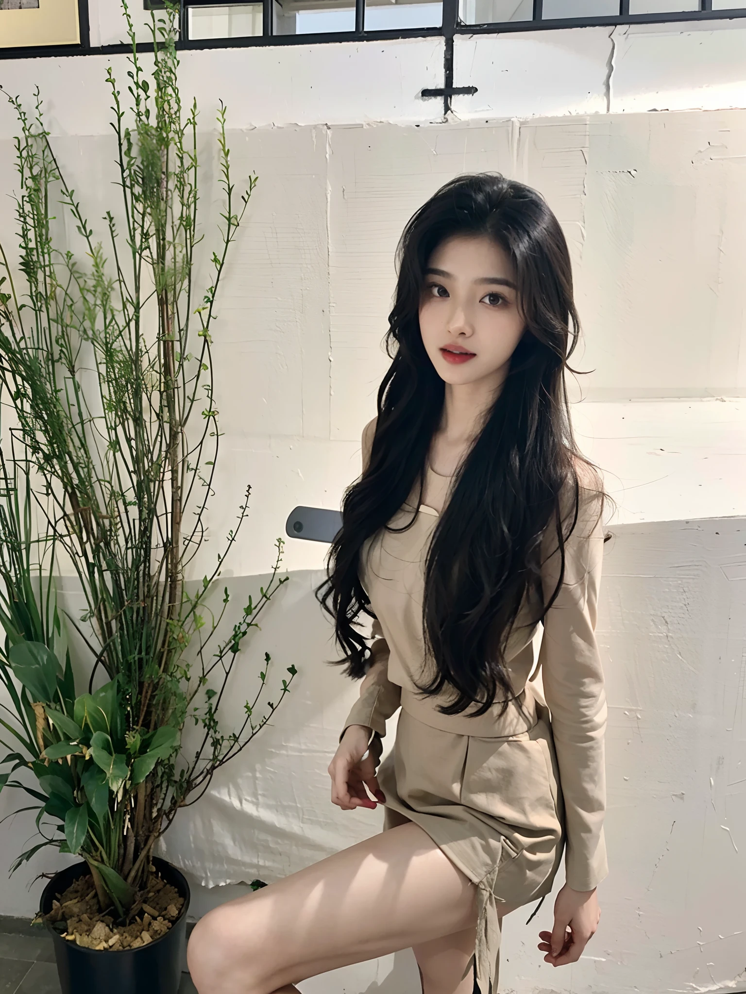 Arakfi woman in short skirt poses next to a potted plant, Asian girl with long hair, Korean girl, Gorgeous young Korean woman, With long hair, beautiful Korean women, Beautiful young Korean woman, waist long hair, long thin black hair, Korean woman, Beautiful Asian girl, ulzzangs, With long black hair, Female with long black hair,(((Open-mouthed))),(((teeth))),seductiv ,