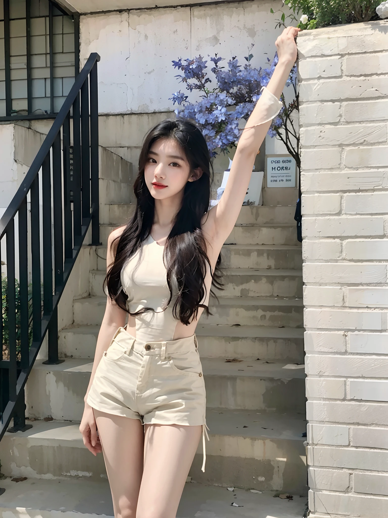 An Alafi woman in a white shirt and shorts stands on the steps, Korean girl, beautiful Korean women, Gorgeous young Korean woman, Beautiful young Korean woman, Korean woman, Asian girl, jaeyeon nam, Choi Hyun-hwa, Beautiful Asian girl, Attractive pose, ulzzangs, Young Asian girl, xision wu, Shin Jinying, hot with shining sun,(((Open-mouthed))),(((teeth))),seductiv ,