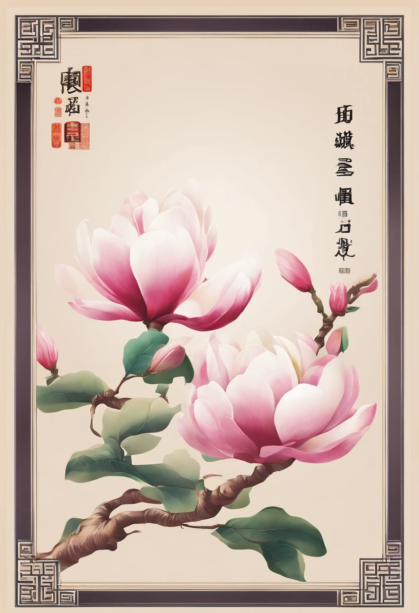 equinox，Traditional Chinese solar terms，(((Magnolia flowers)))，National style，Ink wind，solid color backdrop，Two(((golondrinas)))Fly in the sky，Landscape view，Don't be characterized，Don't be characterized,Don't build