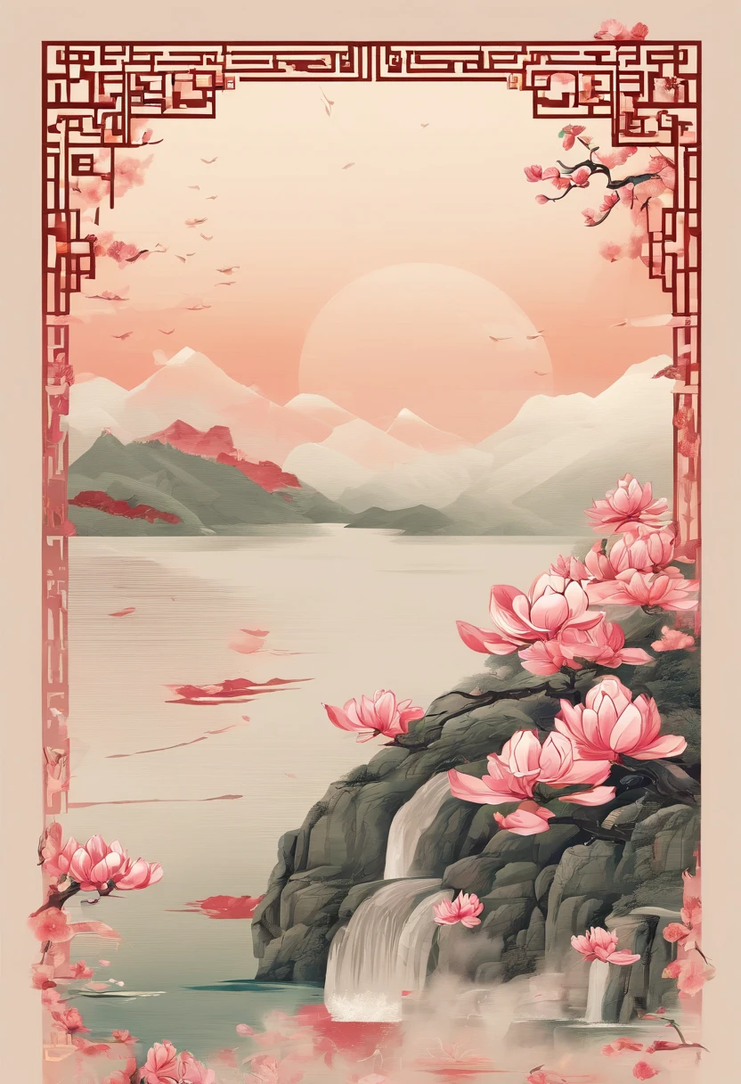 equinox，Traditional Chinese solar terms，(((Magnolia flowers)))，National style，Ink wind，solid color backdrop，Two(((golondrinas)))Fly in the sky，Landscape view，Don't be characterized，Don't be characterized,Don't build