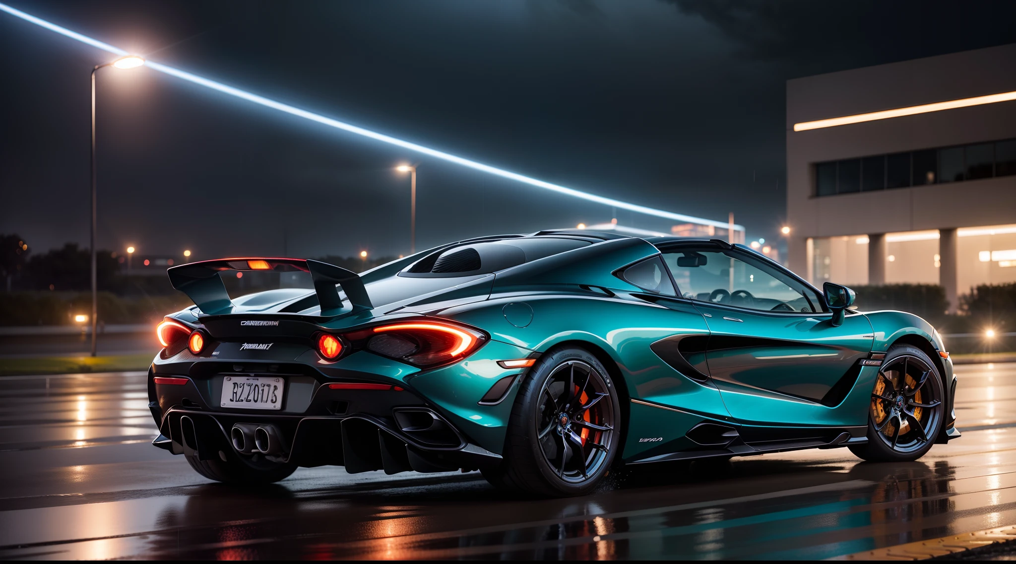 The rain fell on thin silvery strands of the night sky, transformando o asfalto escuro em um espelho brilhante. At the center of this aquatic symphony, a McLaren 720S Spider gleamed like a precious gem. Seu chassi de fibra de carbono brilhava sob as gotas, refletindo os lampejos dos postes de luz distantes.

The low, mesmerizing roar of the twin-turbo V8 engine filled the moist air as the driver, with firm hands on the leather-clad steering wheel, He accelerated with confidence. The high-performance tires cut through the water on the track, criando arcos de spray cintilantes, like water fireworks. A elegante silhueta da 720S Spider deslizava pela estrada molhada, Dancing with the precision of an ice skater.

As luzes LED da McLaren cortavam a chuva, creating a spectacle of luminous rays, and the headlights illuminated the road with an intense beam that reflected in the raindrops, creating a sparkling and magical effect. The retractable top was down, revelando o interior luxuoso. The driver smiled as raindrops danced over his windshield.

The driver's palms were sweaty, not nervousness, but of pure excitement. He was in absolute control of an automobile masterpiece, enfrentando os desafios da chuva com maestria. The sound of rain gently hammering the retractable metal roof provided a relaxing soundtrack to this nightly run.

As the McLaren 720S Spider made its way through the rainy night, His presence was undeniable, A perfect fusion of power, Elegance and technology. A cena era como uma pintura em movimento, a symphony of design and performance that left an indelible impression on the minds of all who witnessed it, A tribute to the eternal beauty of the automobile.