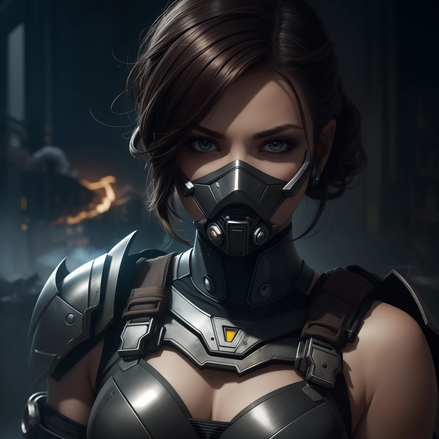 Beautiful cyborg warrior woman in rusty magic style, aumento cyberpunk, Cyber Software, ciborgue, fibras de carbono, cromar, Implantes, metal skull, Cyber Plate Armadura, (atmosfera escura:1.2), (nevoeiro & smoke billowing), (It's dark night:1.3), As cicatrizes, (medium length shaggy dark hair:1.1), (sombras para os olhos:1.1), (brilho lindamente detalhado:1.2), (Cinematic lighting), detalhes intrincados, A high resolution, olhos arredondados, detailed facial features, foco nítido, liso, aesthetic, Fundo escuro detalhado da planta industrial, pose estilosa, dynamicposes, (dramapaint)