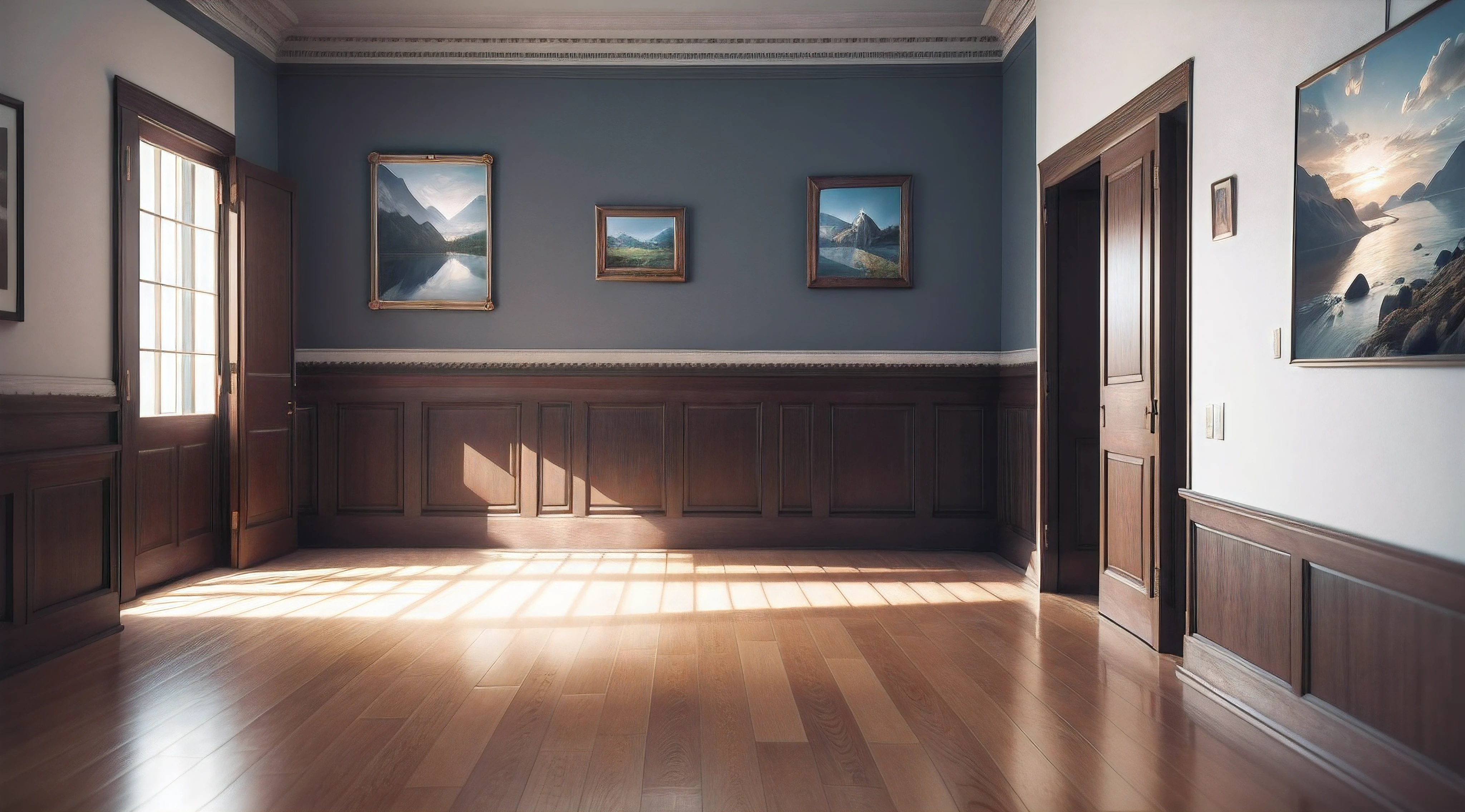 Highly detailed 8k realistic RAW digital photography of the highest quality, 3D, Photo exhibition gallery, com quadros fixos nas paredes, corredores em pespectiva com divesas molduras, piso de madeira espelhado, finissimo acabamento