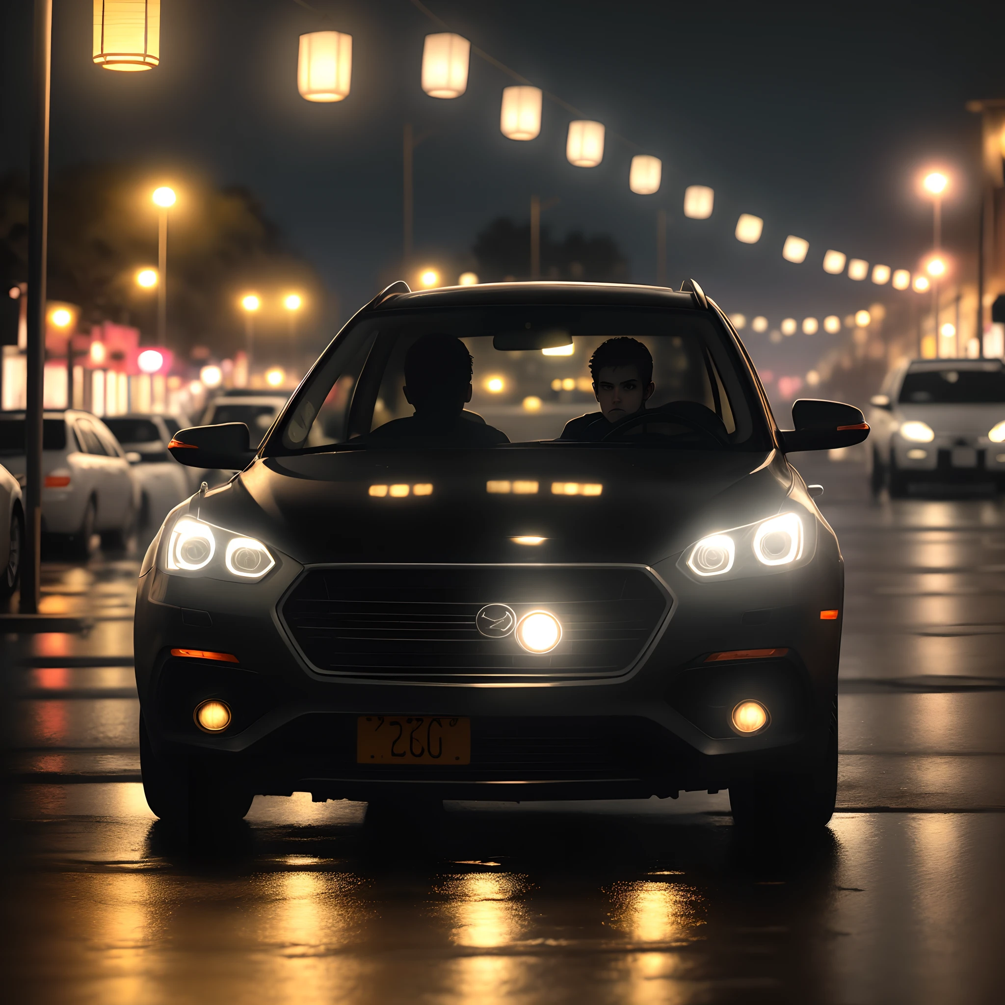 "Crie uma imagem que represente uma cena de filme de terror. it is night time, chove intensamente, e Lucas, um motorista de aplicativo, is sitting behind the wheel of his car as he drives down a dark and sinister street in the city. A chuva bate fortemente no para-brisa, Creating a distortion effect on visibility. The atmosphere is gloomy, Low-light, and the raindrops reflect the dim light of the lanterns in the puddles of water. The image should convey a sense of tension and suspense, destacando o desconforto de Lucas enquanto ele enfrenta essa noite sombria."