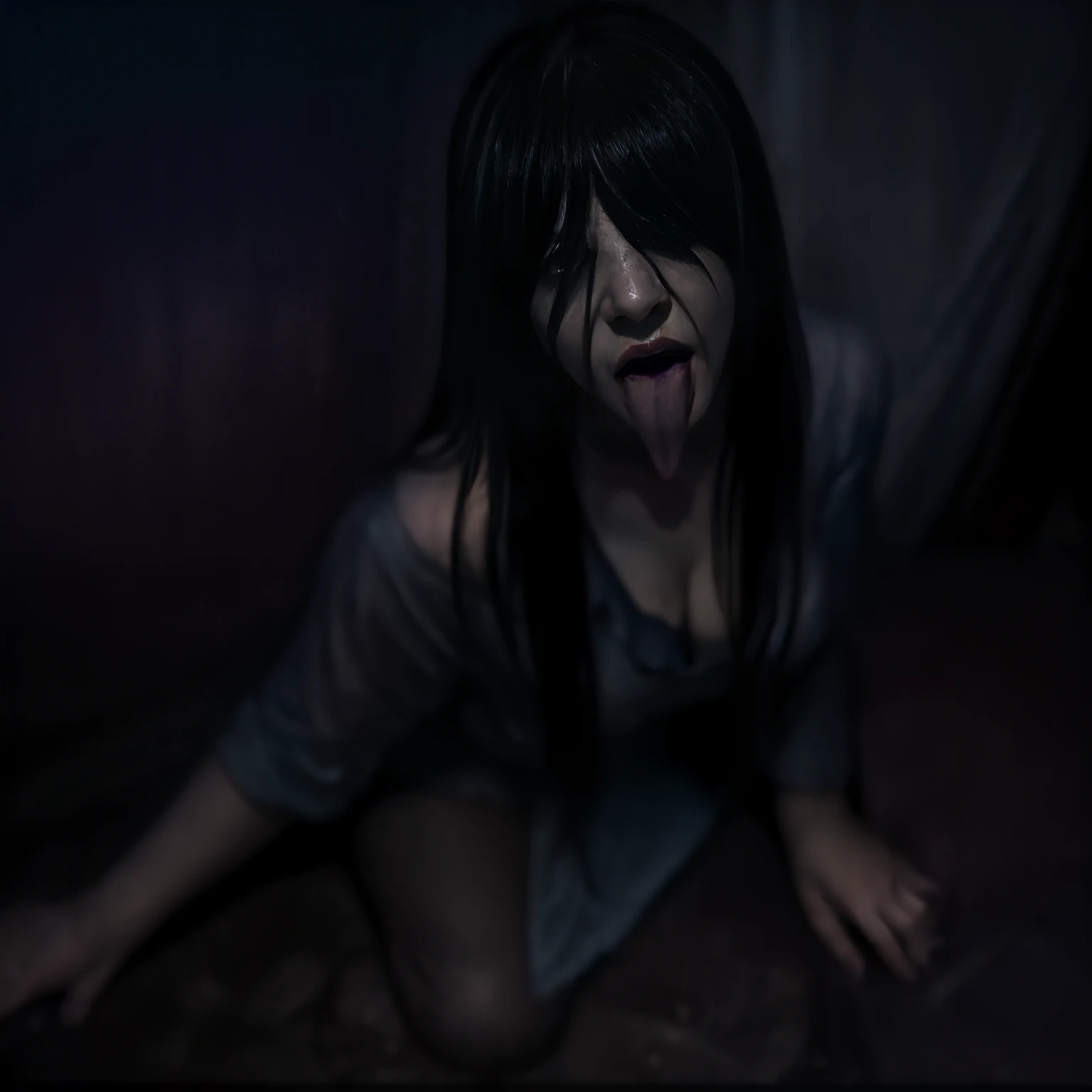 (​(masutepiece, Best Quality, High resolution, 32K HDR)), (Ultra-realistic portrait of a mountain village_Sadako:1.5, Black hair, Super long hair, full :1.4, Super Long Bang:1.3, eyes are hidden by long bangs:1.5), (Exposed super-giant cleavage:1.5, Tongue out:1.7, Super Skinny Body Style:1.1, Full body shot), (Lying on a mess:1.25, Open your legs:1.15, Exposed  :1.2, in the abandoned house:1.15, in Japan, Dark atmosphere:1.3, Darkness of the night:1.3, Dark room:1.3, Horror house atmosphere:1.3, Overhead view:1.4),