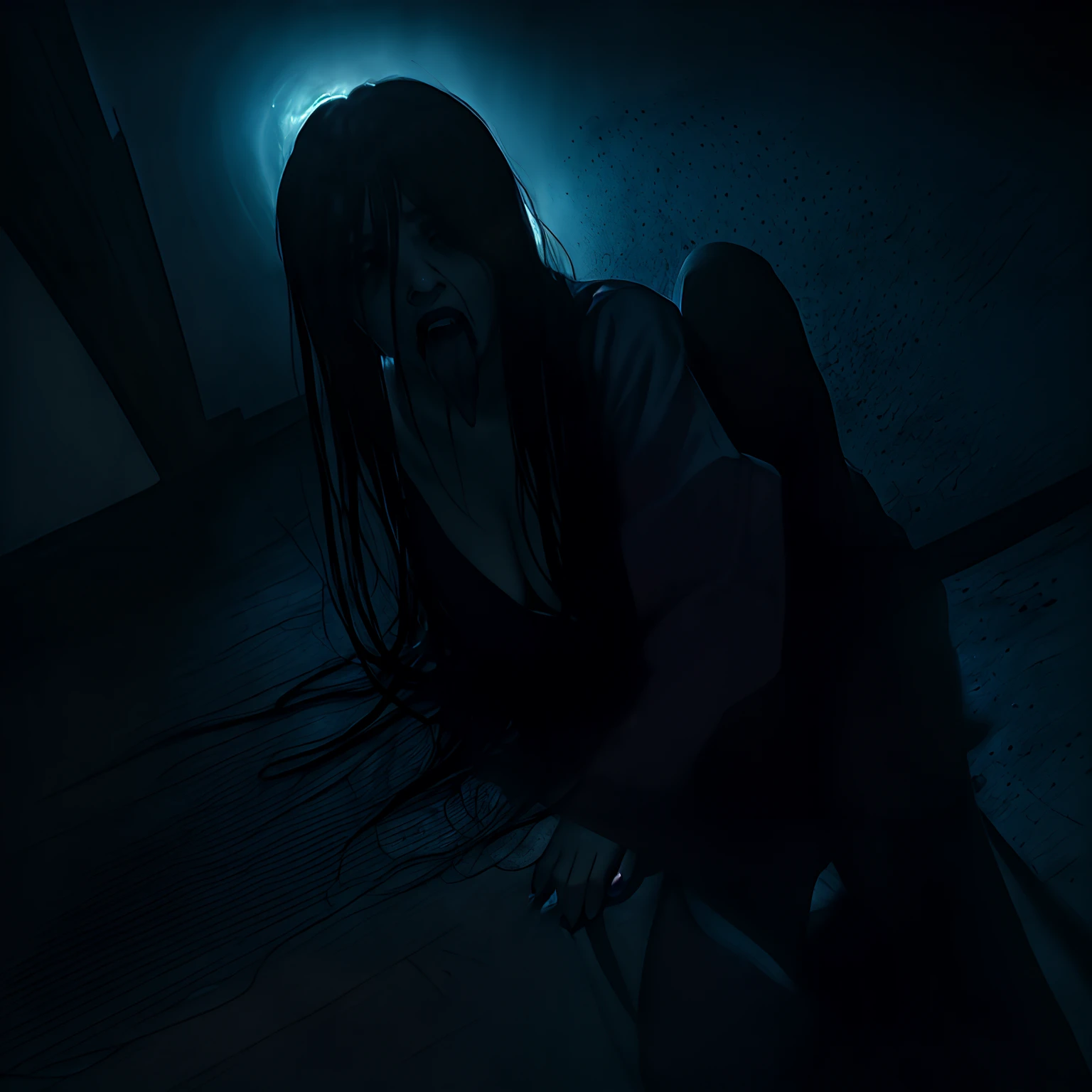 dead screaming girl climbing out of a hole in the ground with bloodied body, wide sad eyes, black hair, whitish eyes, expression of pain, bloody puddle, bloody dress, filthy dark basement full of garbage, darkness, fog, mist, creepy, UHD, high details, best quality, highres, 8k