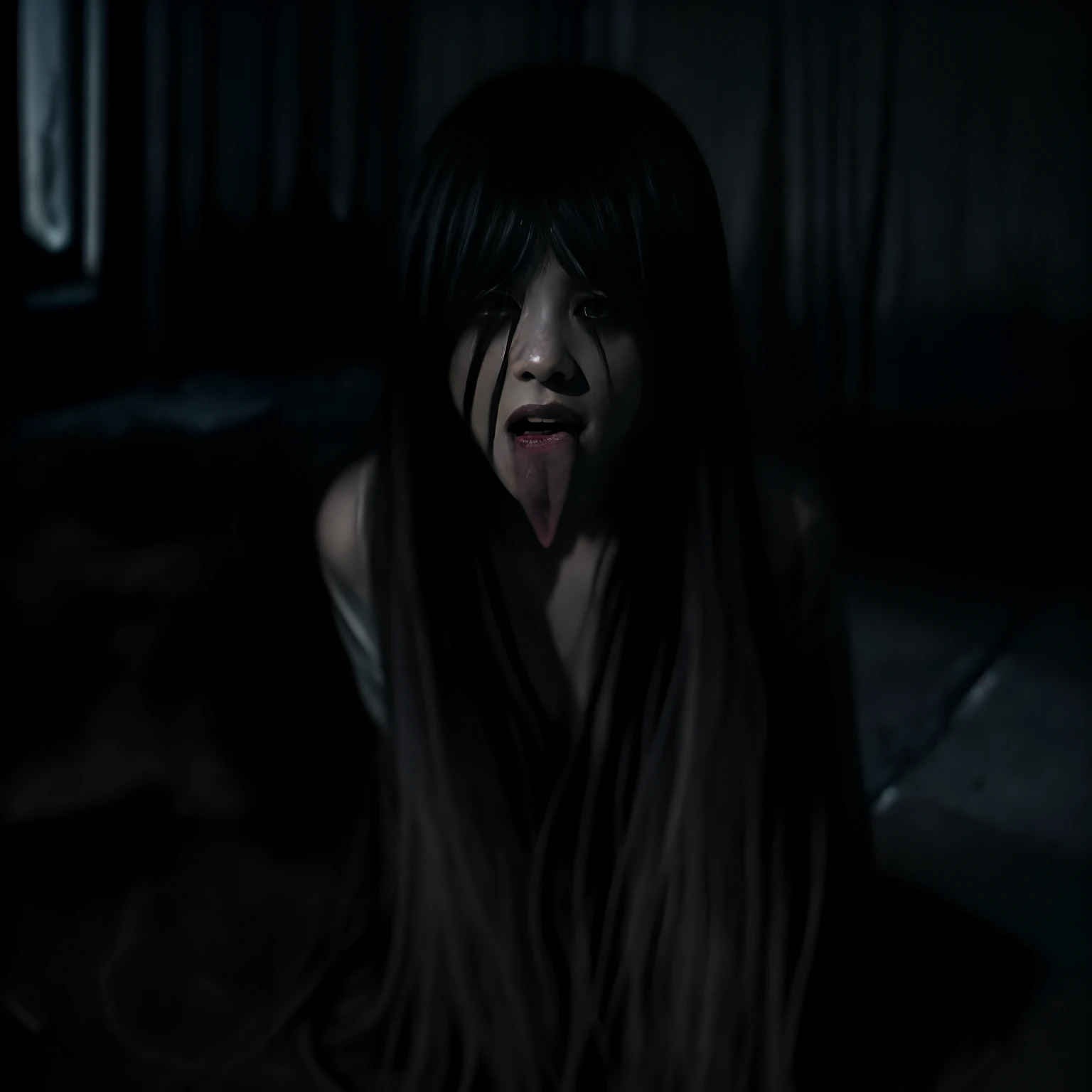 ((masutepiece, Best Quality, High resolution, 32K HDR)), (Ultra-realistic portrait of a mountain village_Sadako:1.5, Black hair, Super long hair, full :1.4, Super Long Bang:1.3, eyes are hidden by long bangs:1.5), (Exposed super-giant cleavage:1.5, Tongue out:1.7, Super Skinny Body Style:1.1, Full body shot), (Lying on a mess:1.25, Open your legs:1.15, Exposed :1.2, in the abandoned house:1.15, in Japan, Dark atmosphere:1.3, Darkness of the night:1.3, Dark room:1.3, Horror house atmosphere:1.3, Overhead view:1.4),