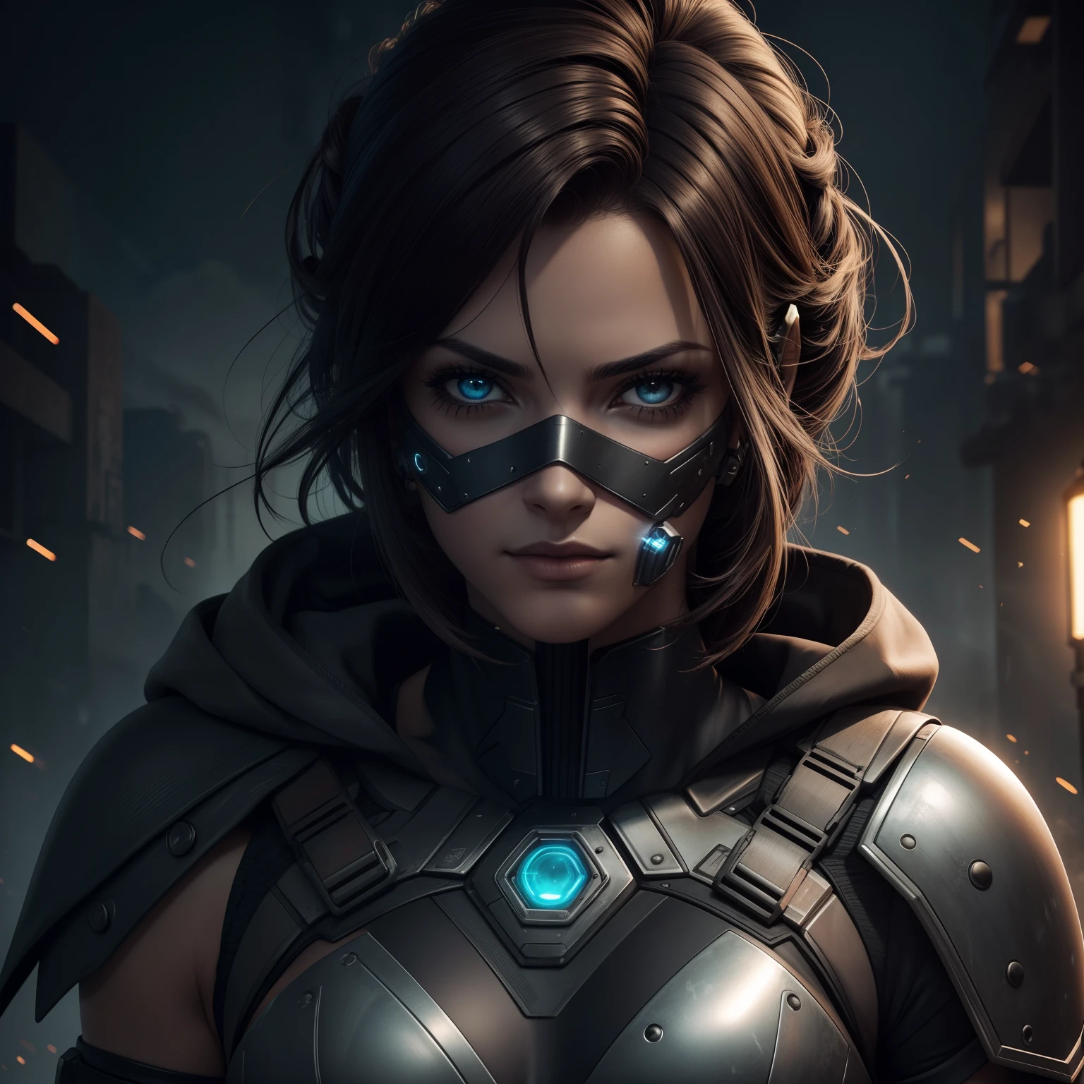 Beautiful cyborg warrior woman in rusty magic style, aumento cyberpunk, Cyber Software, ciborgue, fibras de carbono, cromar, Implantes, metal skull, Cyber Plate Armadura, (atmosfera escura:1.2), (nevoeiro & smoke billowing), (It's dark night:1.3), As cicatrizes, (medium length shaggy dark hair:1.1), (sombras para os olhos:1.1), (brilho lindamente detalhado:1.2), (Cinematic lighting), detalhes intrincados, A high resolution, olhos arredondados, detailed facial features, foco nítido, liso, aesthetic, Fundo escuro detalhado da planta industrial, pose estilosa, dynamicposes, (dramapaint)