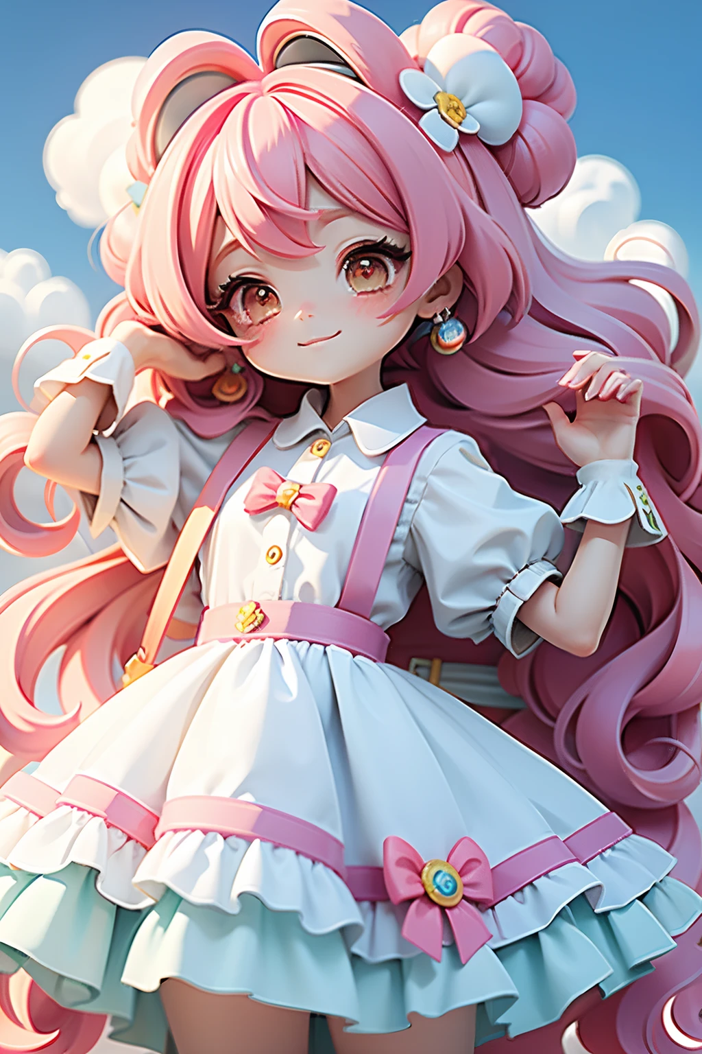 Anime girl, wearing white gloves, holding a candy, long colorful hair, party spray pain background with clouds, colorful paint dress, cabelo mesclado, preso, modern accessories , olhos delicados e detalhados, sorriso delicado e detalhados, opalescente, Perolescente, Holographic, fundo escuro