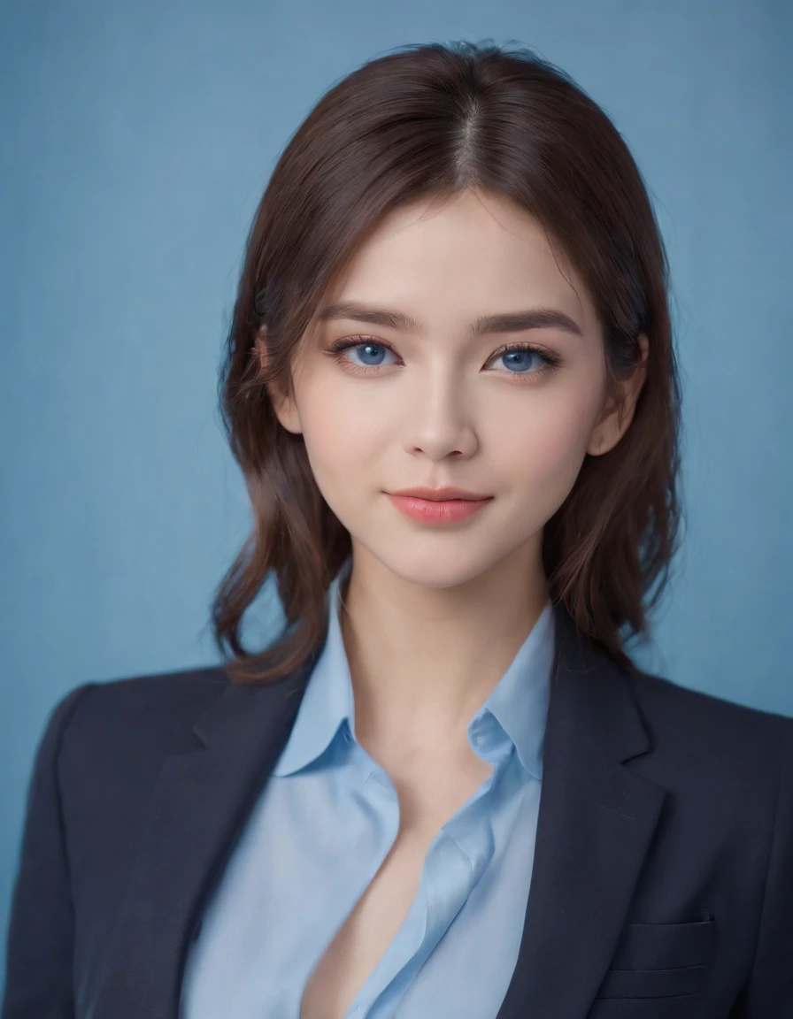 Best quality,masterpiece,ultra high res,(photorealistic:1.4),8K RAW photos, high resolution,, 1girl, solo,blue_IDphoto,
profile,girl centered in the photo,looking at viewer, wearing professional clothes, (((black suit))),((blue tie)),neat hair,smiling, Perfect face,pink lips, beautiful eyes in detail,bright lighting, front lighting, face shooting,((blue solid color background))),((blue background)))