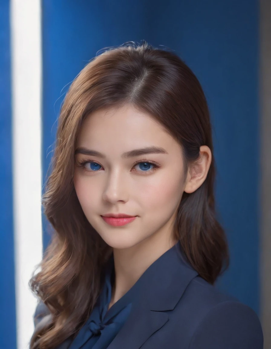 Best quality,masterpiece,ultra high res,(photorealistic:1.4),8K RAW photos, high resolution,, 1girl, solo,blue_IDphoto,
profile,girl centered in the photo,looking at viewer, wearing professional clothes, (((black suit))),((blue tie)),neat hair,smiling, Perfect face,pink lips, beautiful eyes in detail,bright lighting, front lighting, face shooting,((blue solid color background))),((blue background)))