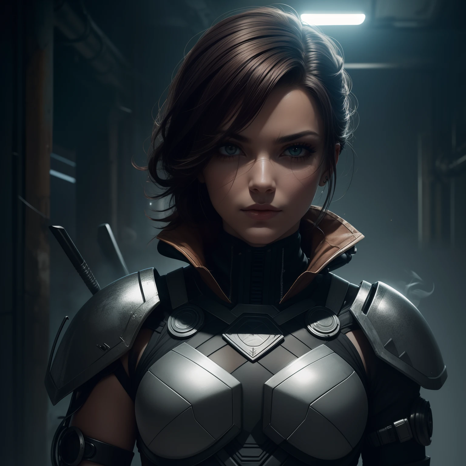 sci-fi, space rogue thief girl, (smirk:1.1), short hair, black hood, light armor, big grey eyes, beautiful detailed eyes, messy make-up, drawn by Greg Rutkowski, Yoji Shinkawa:0.6