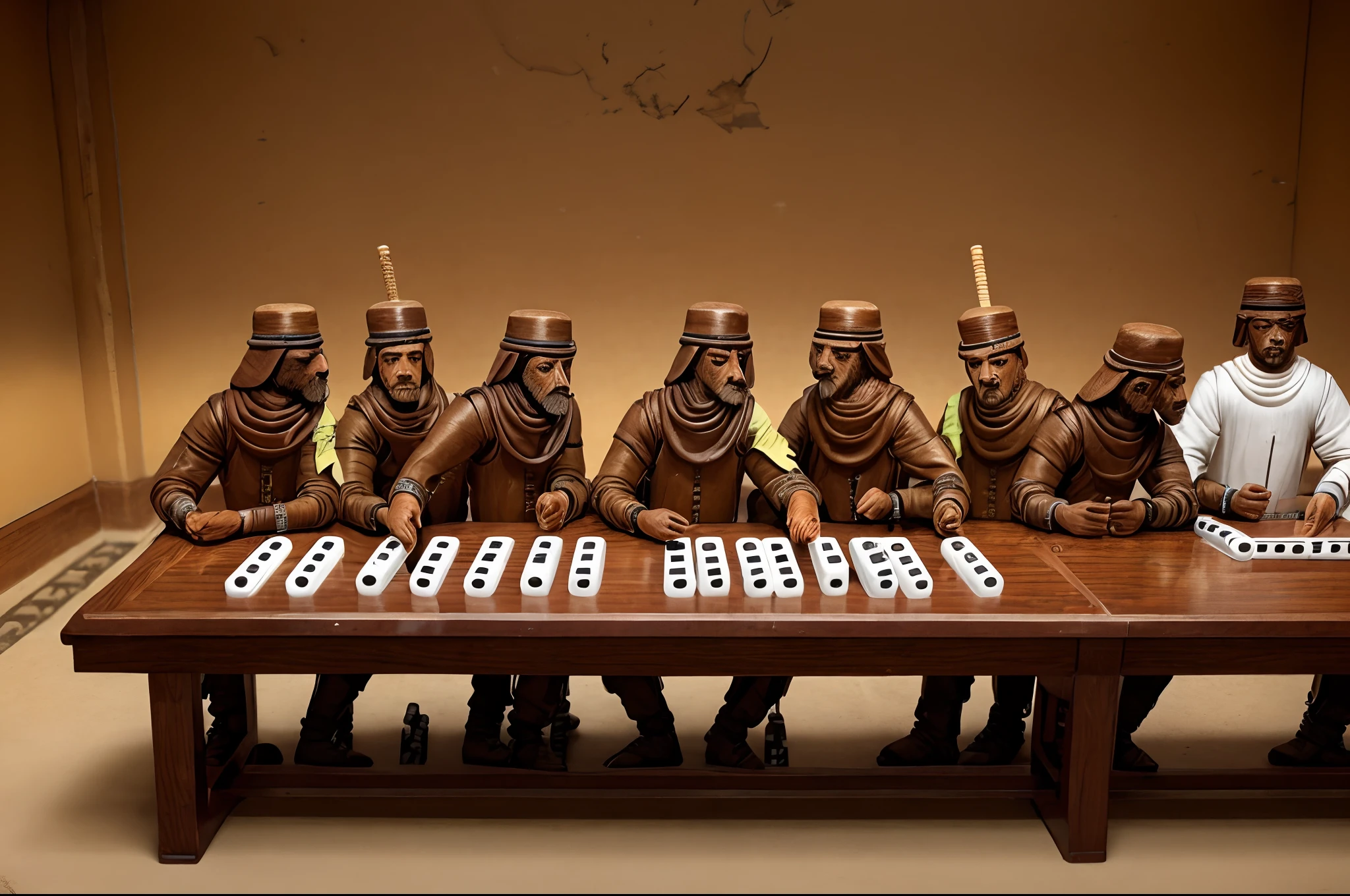 (   detailed  photo)    Humanoid camels as gangsters playing dominoes around a table in prison, dramatic lighting, 8k, high saturation