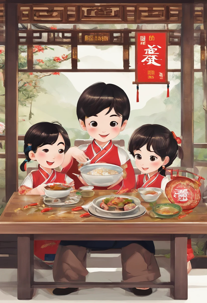 clear and bright,Youth League,Rural kitchen,Children sit at a table eating Qingtuan,Chinese traditional style