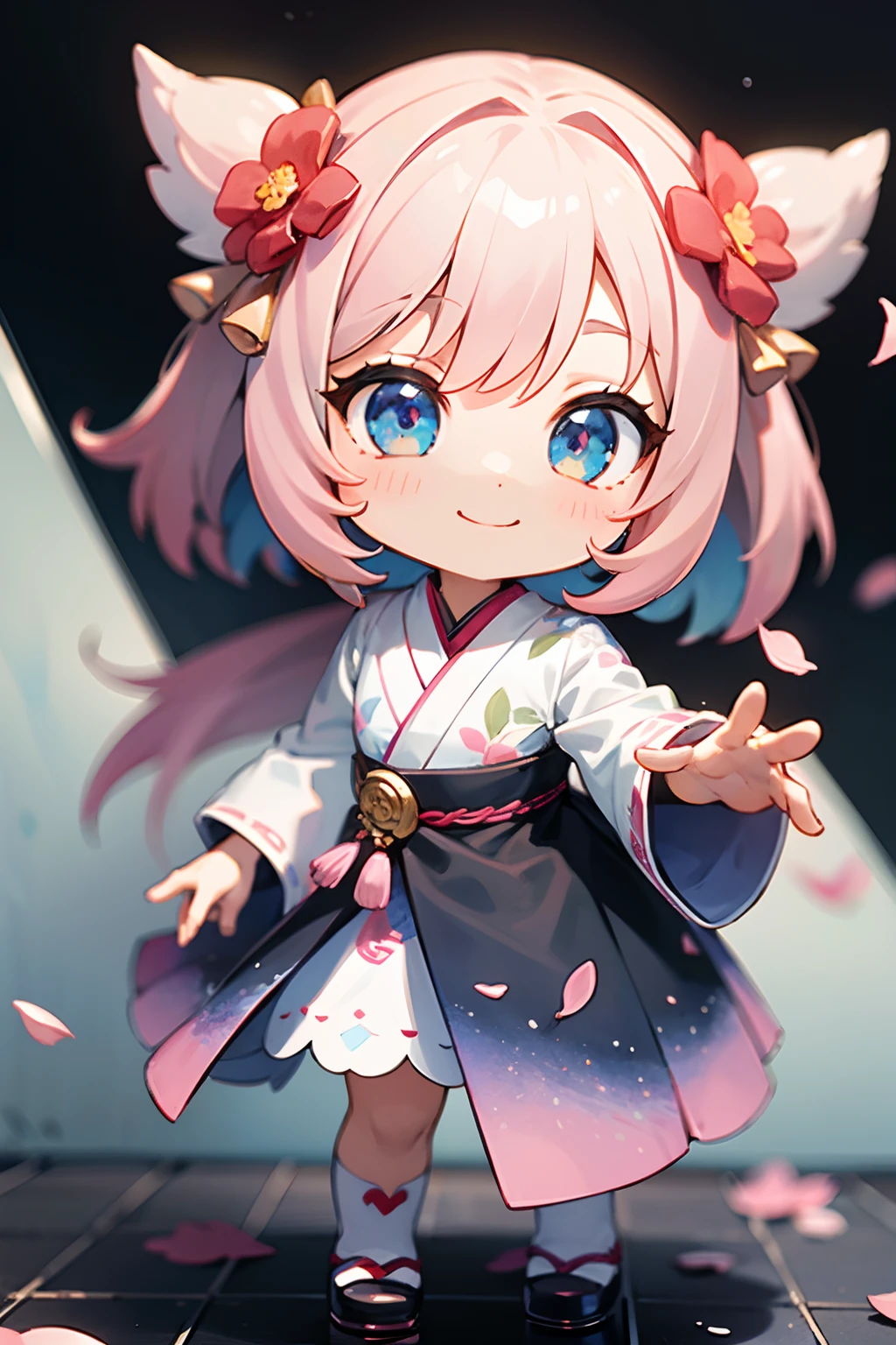 photoRealstic、Doll standing in front of the painting（nendroid）、A smile、Water droplets on the cheeks、In a cute pose、watercolor Nendoroid、(High Definition Figure)、Flowing iridescent silk、up of face、Eye Up、Colorcon with heart pattern、Floral dress、Making a heart with both hands、There are also flowers in front of the nendroids、flower petals、season!!: 夏天☀ 🍂