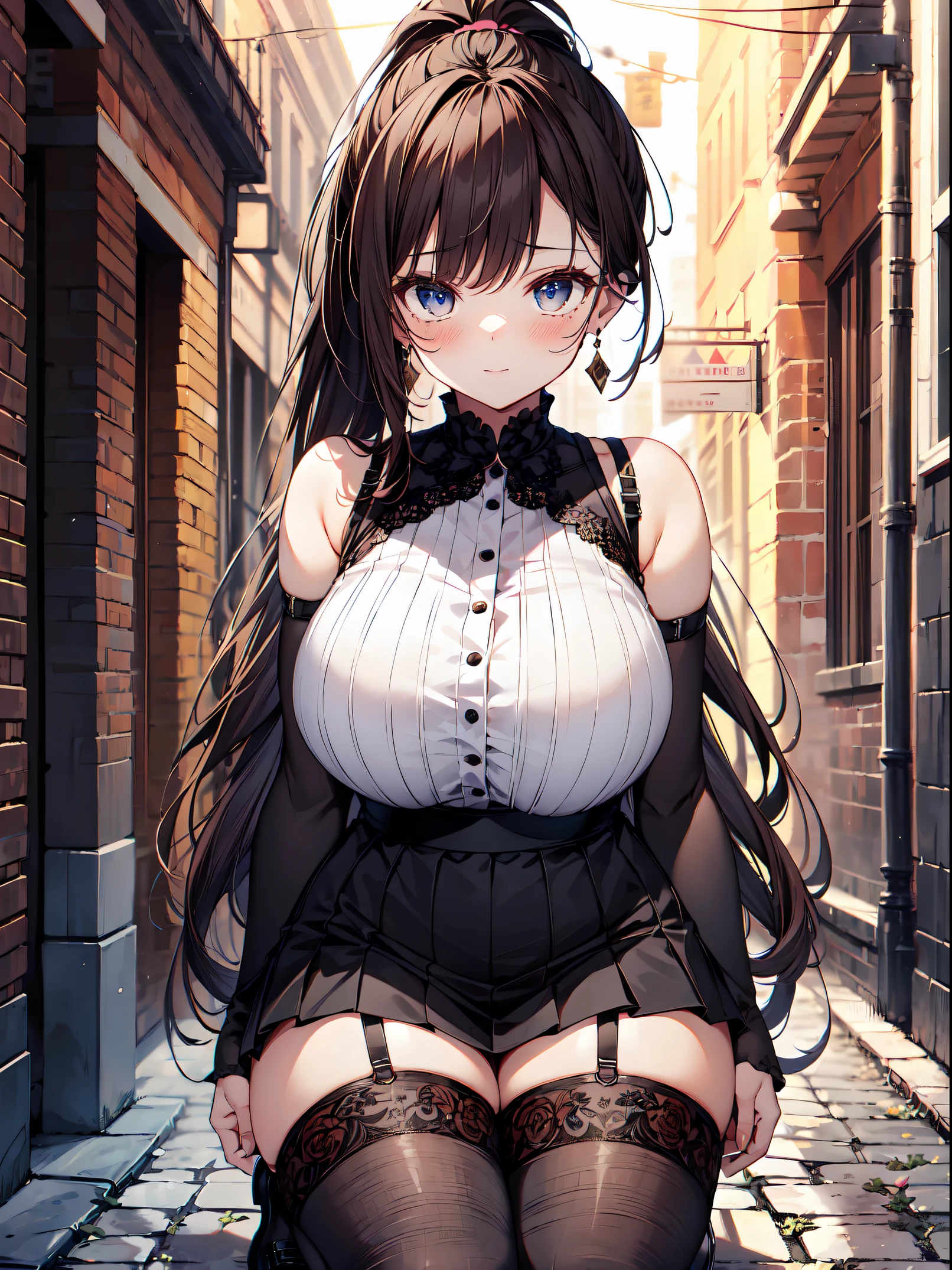 ((masterpiece)), ((Best Quality)), (ultra-detailed), ((extremely detailed)), 4K, (8K), best quality, top-quality, anime style,1girl, solo, The most detailed skin, (thick lines:1.2), Satin camisole, frilly mini skirt, lace gloves, over-knee socks, Mary Jane shoes (flat shoes with straps), sheer shawl, ear cuff earrings, //, Stunned expression, Girl with troubled face, Ecstasy, (sexual expression), smile, blush, Red face, //, large breasts, voluptuous body, //, Ponytail hair style, Dark mocha hair color, (beautiful eyes), pink-skinned, //, Narrow alley under moonlight, cobblestone pavement, dark and old building shadows., nsfw