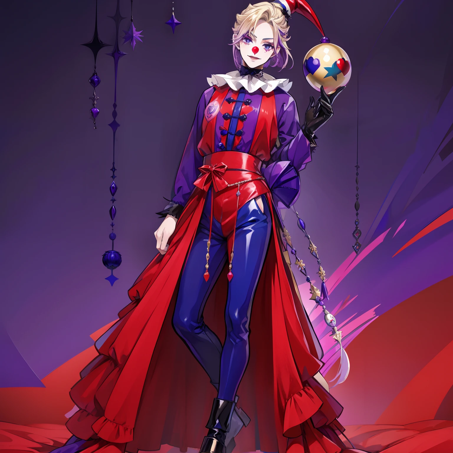 Vil Schoenheit as a clown, Full body, 1 boy, solo , high quality, masterpiece, high Aesthetic , Blonde hair with Violet hair streaks,(( Indigo and Red Clothes))