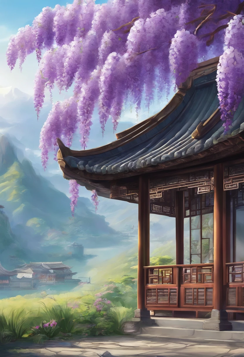 Valley Rain,Traditional Chinese solar terms,(((Wisteria flowers))),National style,Ink wind,solid color backdrop,(((cuckoo)))Stand on a flower branch,Landscape view,Don't be characterized,Don't be characterized,Don't build