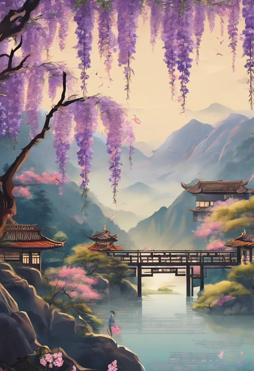 Valley Rain,Traditional Chinese solar terms,(((Wisteria flowers))),National style,Ink wind,solid color backdrop,(((cuckoo)))Stand on a flower branch,Landscape view,Don't be characterized,Don't be characterized,Don't build