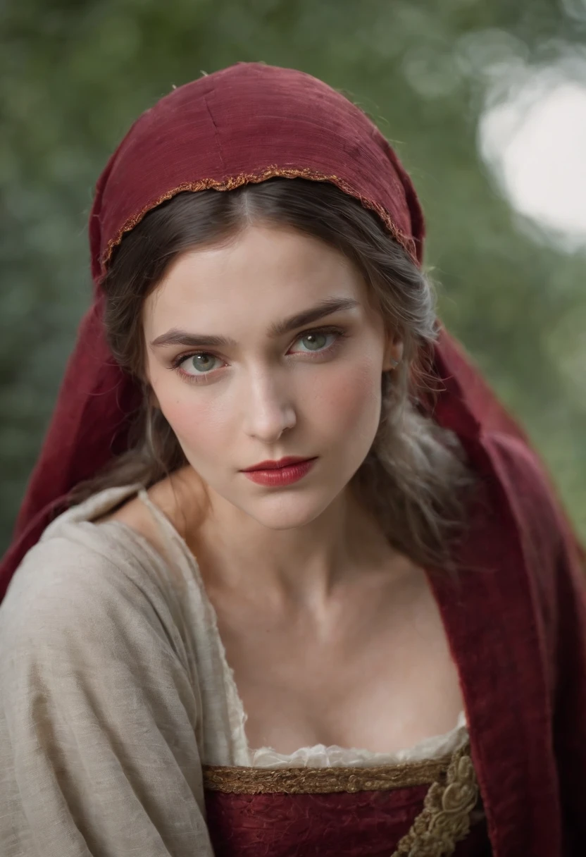 (((A deep red wound streaked across her left cheek))) Fair complexion, A woman around 19 years old, Natural gray hair, Unique green eyes, Wear Cole, Slender and graceful, Beautiful, Candlelight in a medieval setting, super sharp focus, realistic lens, Medieval women's clothing, Four colors (Scar:1.4)