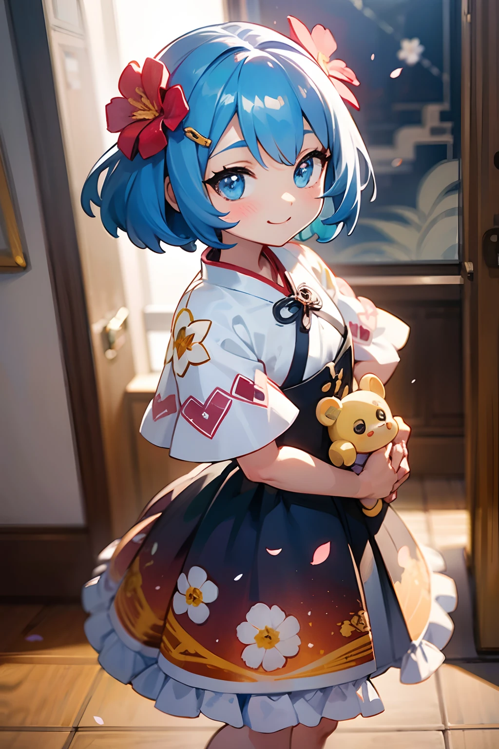photoRealstic、Doll standing in front of the painting(nendroid)、A smile、Water droplets on the cheeks、In a cute pose、watercolor Nendoroid、(High Definition Figure)、Flowing iridescent silk、up of face、Eye Up、Colorcon with heart pattern、Floral dress、Making a heart with both hands、There are also flowers in front of the nendroids、flower petals、season!!: 夏天☀ 🍂