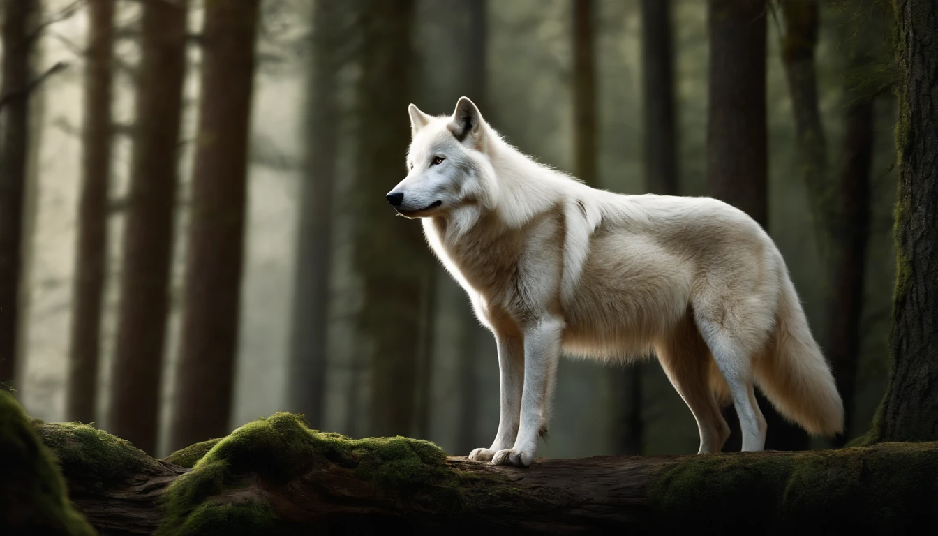 A white wolf facing a forest looking menacingly, ultrarrealista, photographic, Very high resolution photo