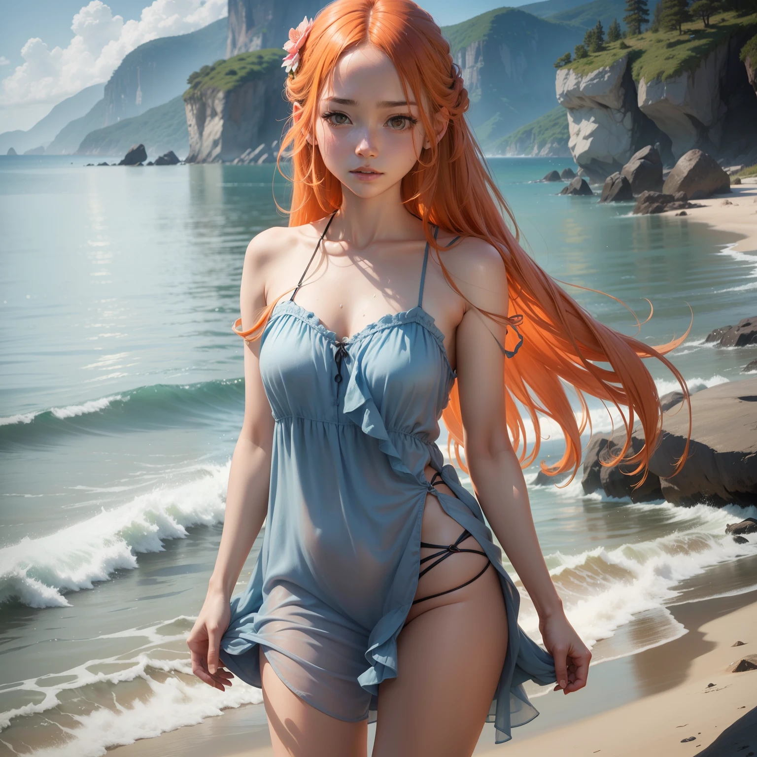 (masutepiece, Best Quality), ((1girl in, Solo, Long hair)), Ishmael_limbus, Innocent expression, Bare arms, Bare shoulders, barechested, watercolor paiting, sundress, liquid clothes, Water, vague, Water Dress, Blue_theme, Night, myst, Dark, Sharp Focus, On the beach, See-through dress, Orange hair