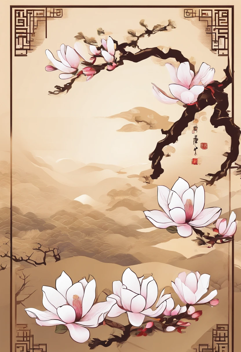 equinox,Traditional Chinese solar terms,(((Magnolia flowers))),National style,Ink wind,solid color backdrop,Two(((golondrinas)))On it,The look of flying,Landscape view,Don't be characterized,Don't be characterized,Don't build