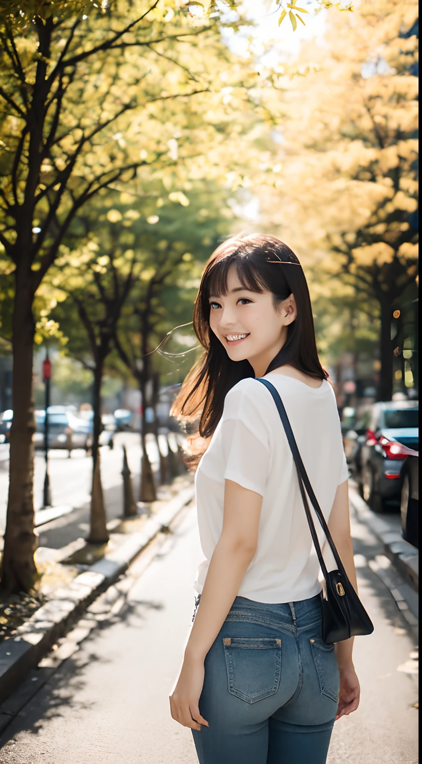 Full body photo of cute young Japan gravure idol with D cup bust, Exude a radiant smile,: Photography, Style: A seamless blend of urban sophistication and the playful charm of gravure, Lighting: Soft sunlight shining through the ginkgo trees, creating a warm and inviting ambience, Farbe: The immaculate numbers on her t-shirt are、Juxtaposed with denim blue on jeans, Harmony with the golden color of gingko leaves, Composition: Capture with a DSLR, Show off your confident walk along the iconic ginkgo tree-lined avenue, Her cheerful look and casual attire are、Beautifully contrasts with the timeless elegance of the urban environment