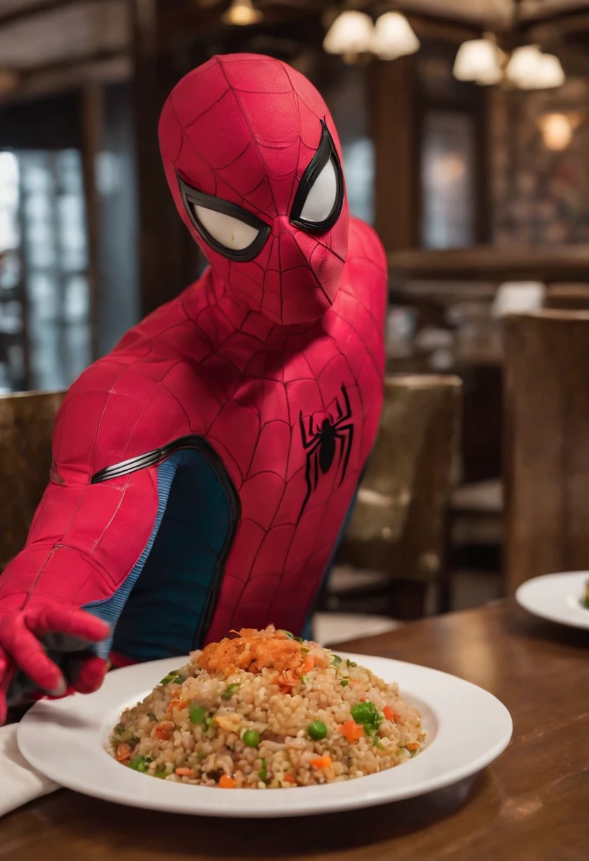 Cinematographer, ultra realista, Ropa detallada, Bellamente detallado, UHD, HDR, Altas Resoluciones, ultra detallado, Detalles intrincados, Efectos texturales, absurdos, obra maestra, 8k:1.2. En esta imagen, vemos a Spider-Man en un inusual descanso de sus actividades heroicas. He's standing in a chic Asian restaurant in his iconic costume..
Spider-Man sostiene un plato de arroz chino frito en sus manos con destreza, usando unos elegantes palillos chinos para llevar un bocado a su boca. The plate is full of fried rice, salteado. The restaurant is decorated with traditional Chinese elements, como linternas rojas colgando del techo y dragones dorados esculpidos en las paredes. The dim light of the lanterns creates a warm and welcoming atmosphere in the place.