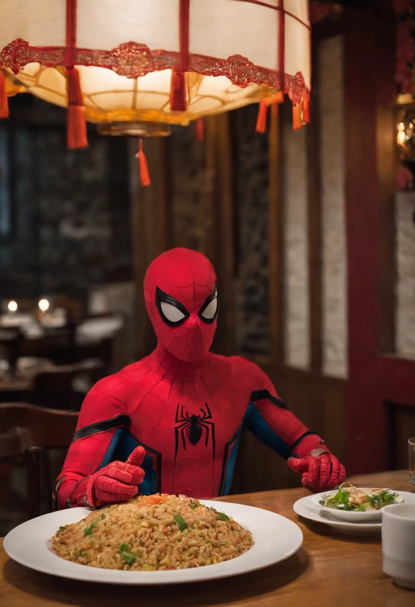 Cinematographer, ultra realista, Ropa detallada, Bellamente detallado, UHD, HDR, Altas Resoluciones, ultra detallado, Detalles intrincados, Efectos texturales, absurdos, obra maestra, 8k:1.2. En esta imagen, vemos a Spider-Man en un inusual descanso de sus actividades heroicas. He's standing in a chic Asian restaurant in his iconic costume..
Spider-Man sostiene un plato de arroz chino frito en sus manos con destreza, usando unos elegantes palillos chinos para llevar un bocado a su boca. The plate is full of fried rice, salteado. The restaurant is decorated with traditional Chinese elements, como linternas rojas colgando del techo y dragones dorados esculpidos en las paredes. The dim light of the lanterns creates a warm and welcoming atmosphere in the place.
