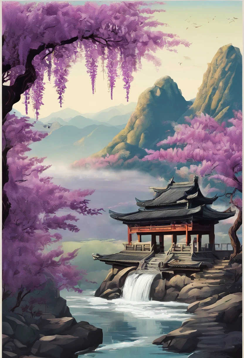 Valley Rain,Traditional Chinese solar terms,(((Wisteria flowers))),National style,Ink wind,solid color backdrop,(((cuckoo)))Stand on a flower branch,Landscape view,Don't be characterized,Don't be characterized,Don't build,There are no buildings
