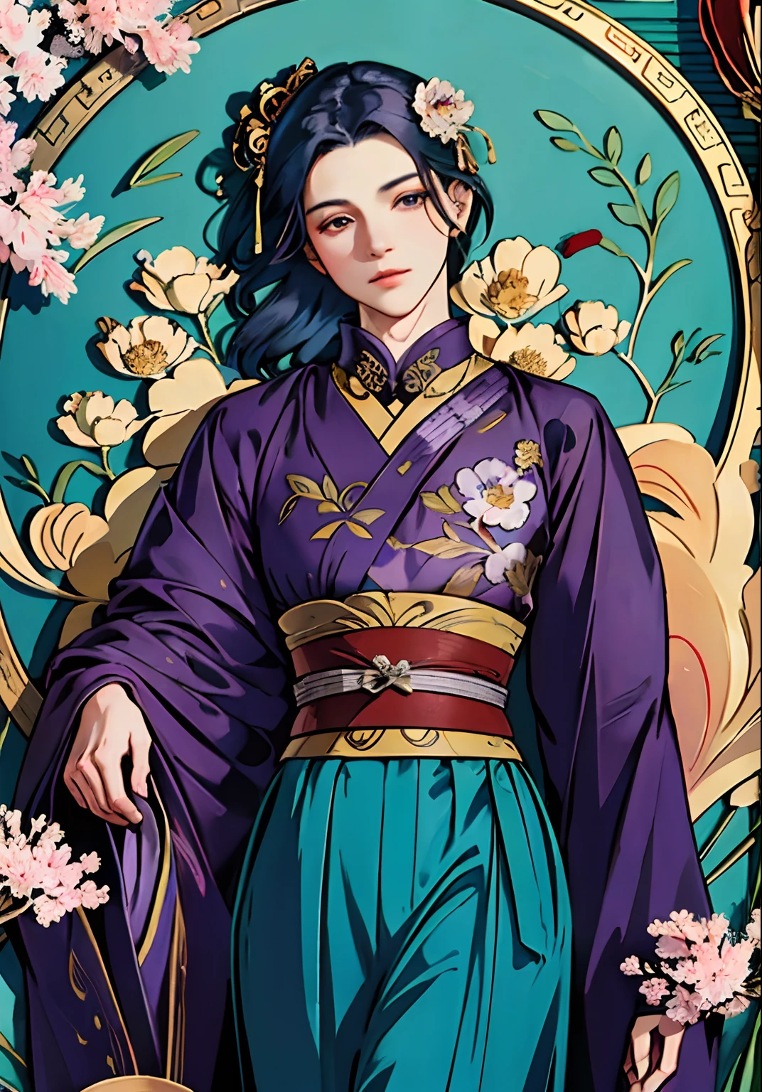 An ancient Chinese beauty, dignified temperament, flowing long skirt, clear face, beautiful eyes, purple myrtle flowers surrounded, masterpiece, super detailed, epic composition, super HD, high quality, highest quality, 32k --v 6