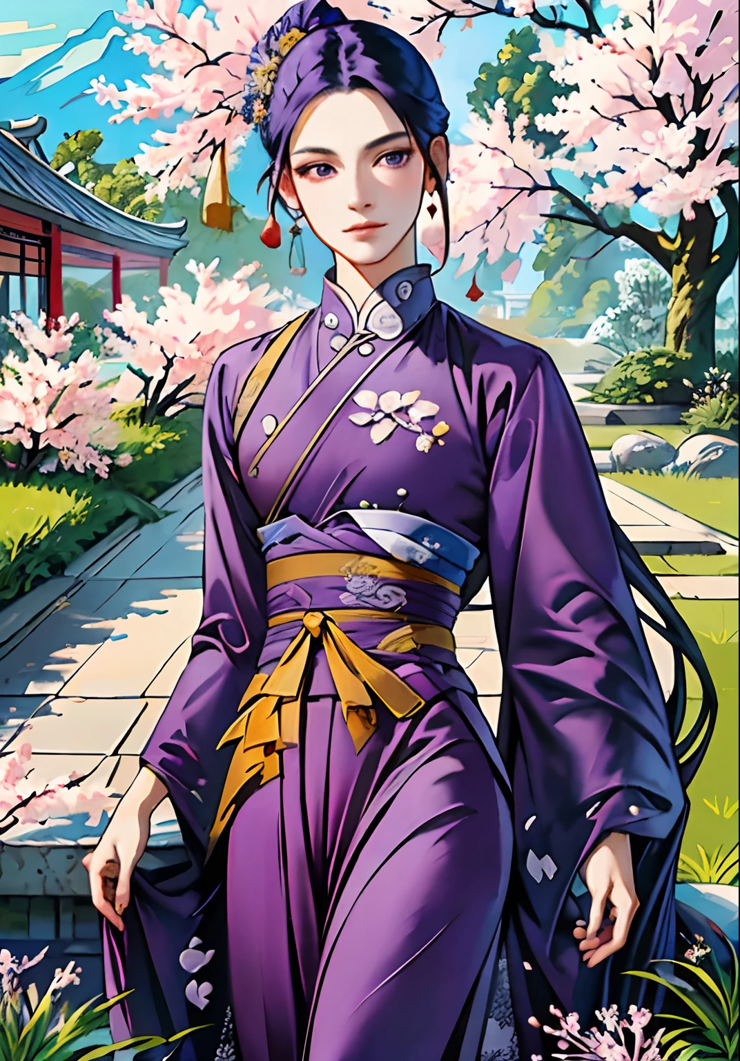 An ancient Chinese beauty, dignified temperament, flowing long skirt, clear face, beautiful eyes, purple myrtle flowers surrounded, masterpiece, super detailed, epic composition, super HD, high quality, highest quality, 32k --v 6