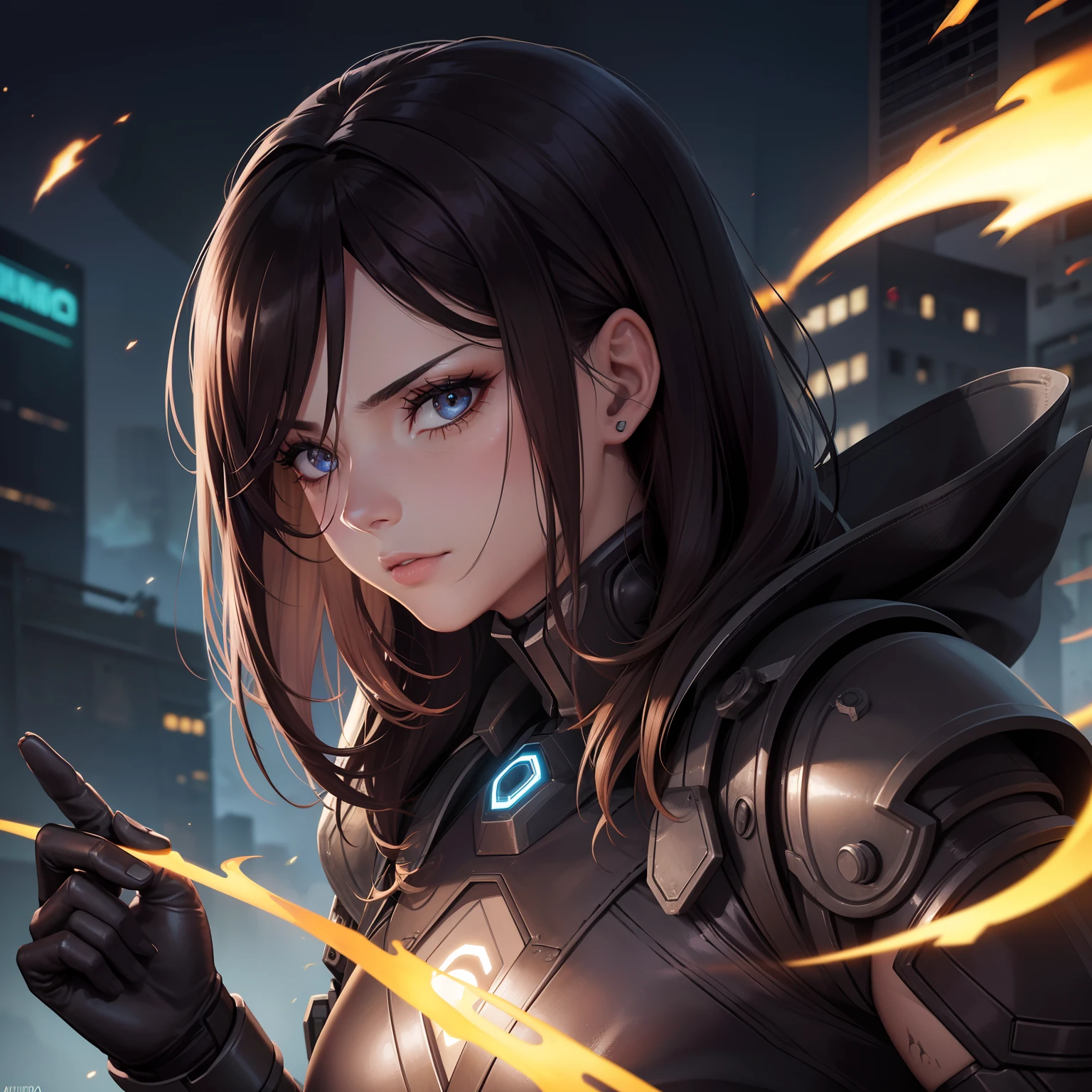Beautiful cyborg warrior woman in rusty magic style, aumento cyberpunk, Cyber Software, ciborgue, fibras de carbono, cromar, Implantes, metal skull, Cyber Plate Armadura, (atmosfera escura:1.2), (nevoeiro & smoke billowing), (It's dark night:1.3), As cicatrizes, (medium length shaggy dark hair:1.1), (sombras para os olhos:1.1), (brilho lindamente detalhado:1.2), (Cinematic lighting), detalhes intrincados, A high resolution, olhos arredondados, detailed facial features, foco nítido, liso, aesthetic, Fundo escuro detalhado da planta industrial, pose estilosa, dynamicposes, (dramapaint)