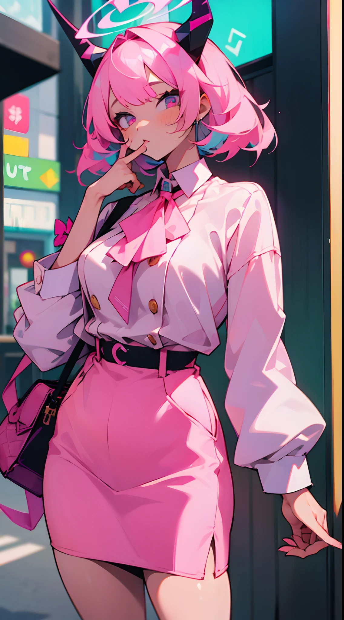 ((Masterpiece, Best)), (1girl), ((Trendy Girl)), Light Pink Hair, Halo, Horn, ((Office Lady)), Bangs, Mid-breasted, Slim, Colorful Hair Color, Trendy Clothing, Street Culture